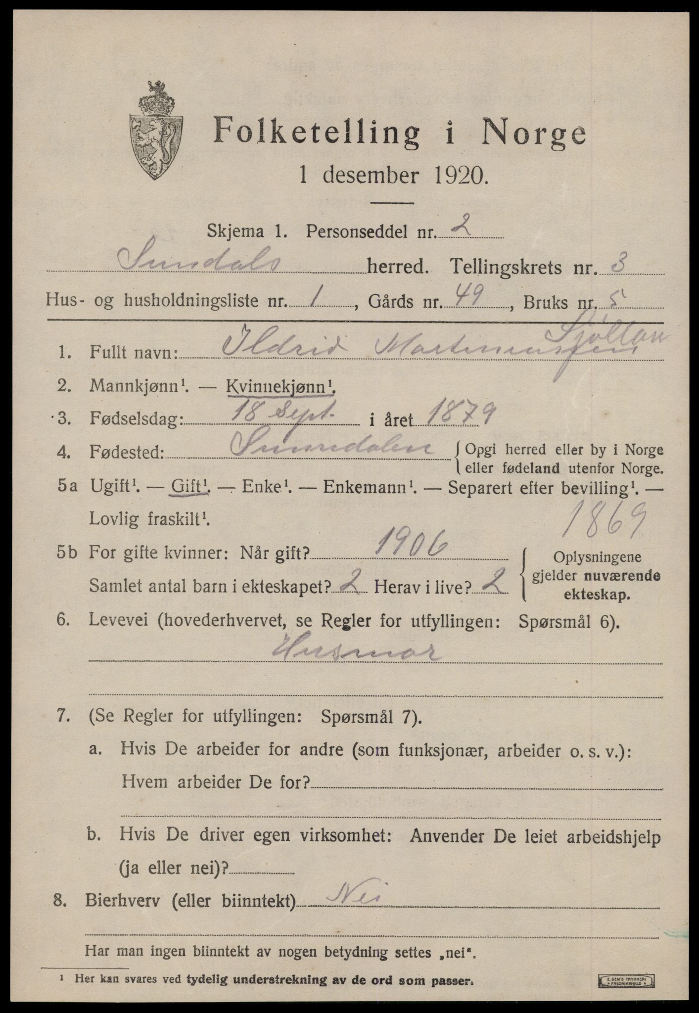 SAT, Folketelling 1920 for 1563 Sunndal herred, 1920, s. 1900