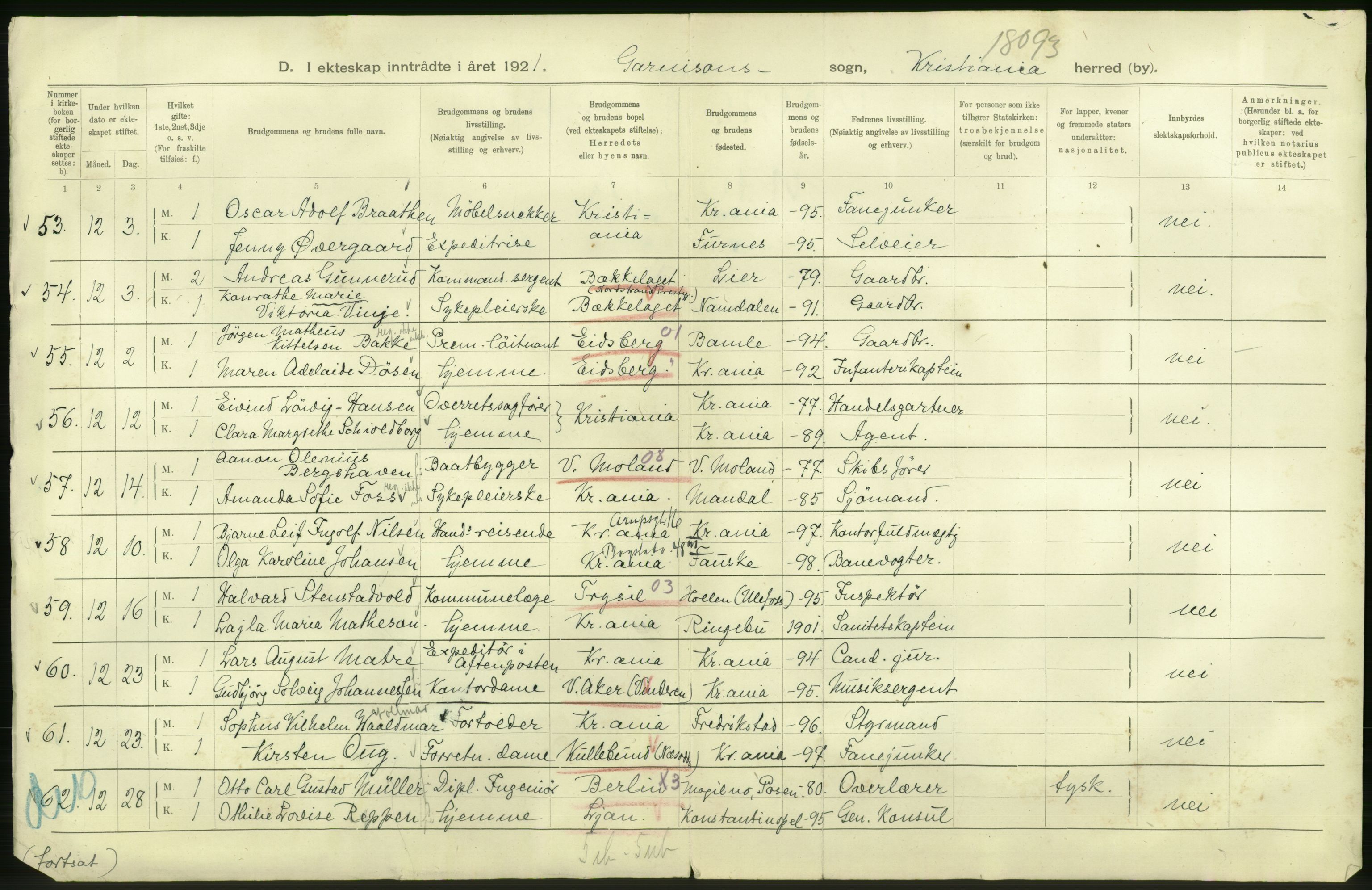 Statistisk sentralbyrå, Sosiodemografiske emner, Befolkning, RA/S-2228/D/Df/Dfc/Dfca/L0011: Kristiania: Gifte, 1921, s. 900