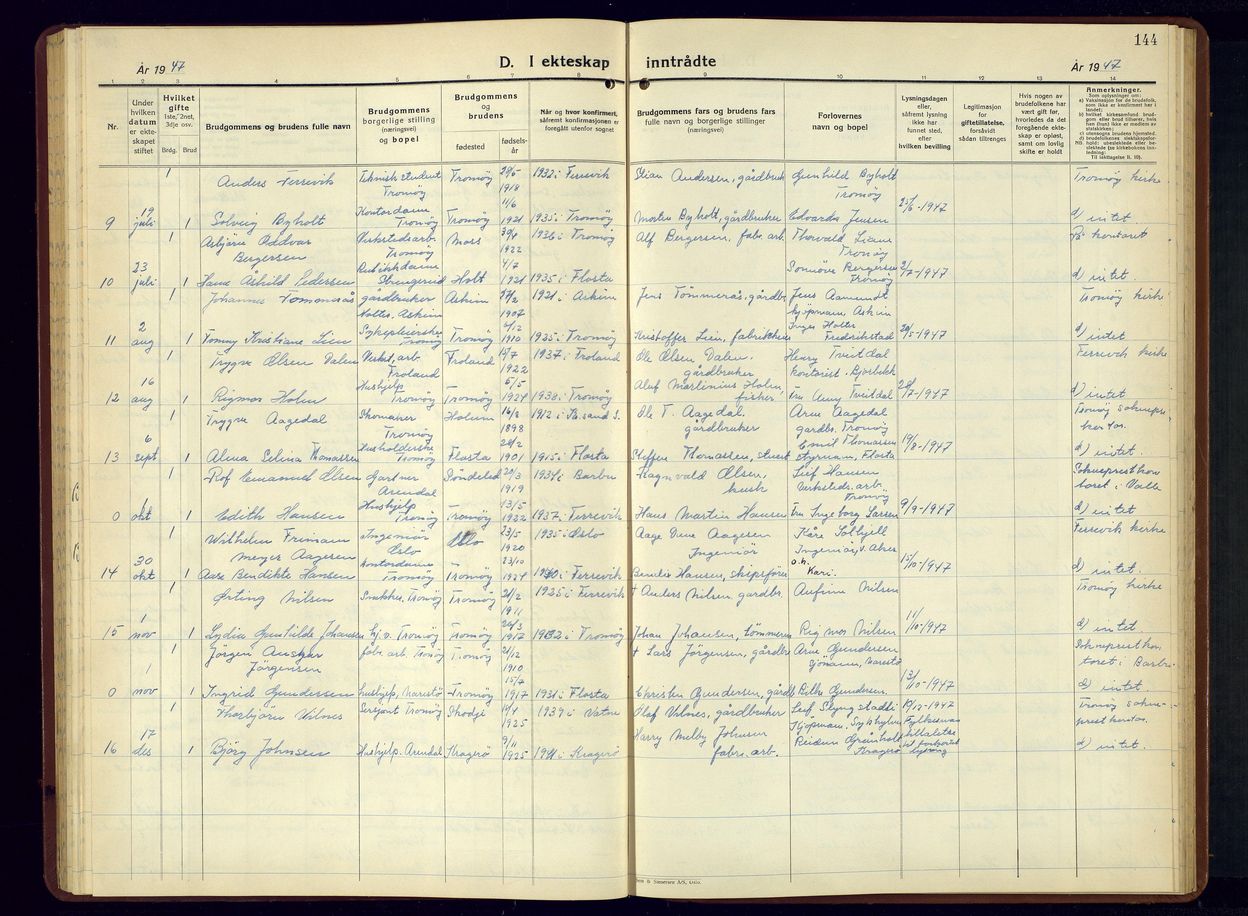 Tromøy sokneprestkontor, AV/SAK-1111-0041/F/Fb/L0009: Klokkerbok nr. B-9, 1938-1952, s. 144