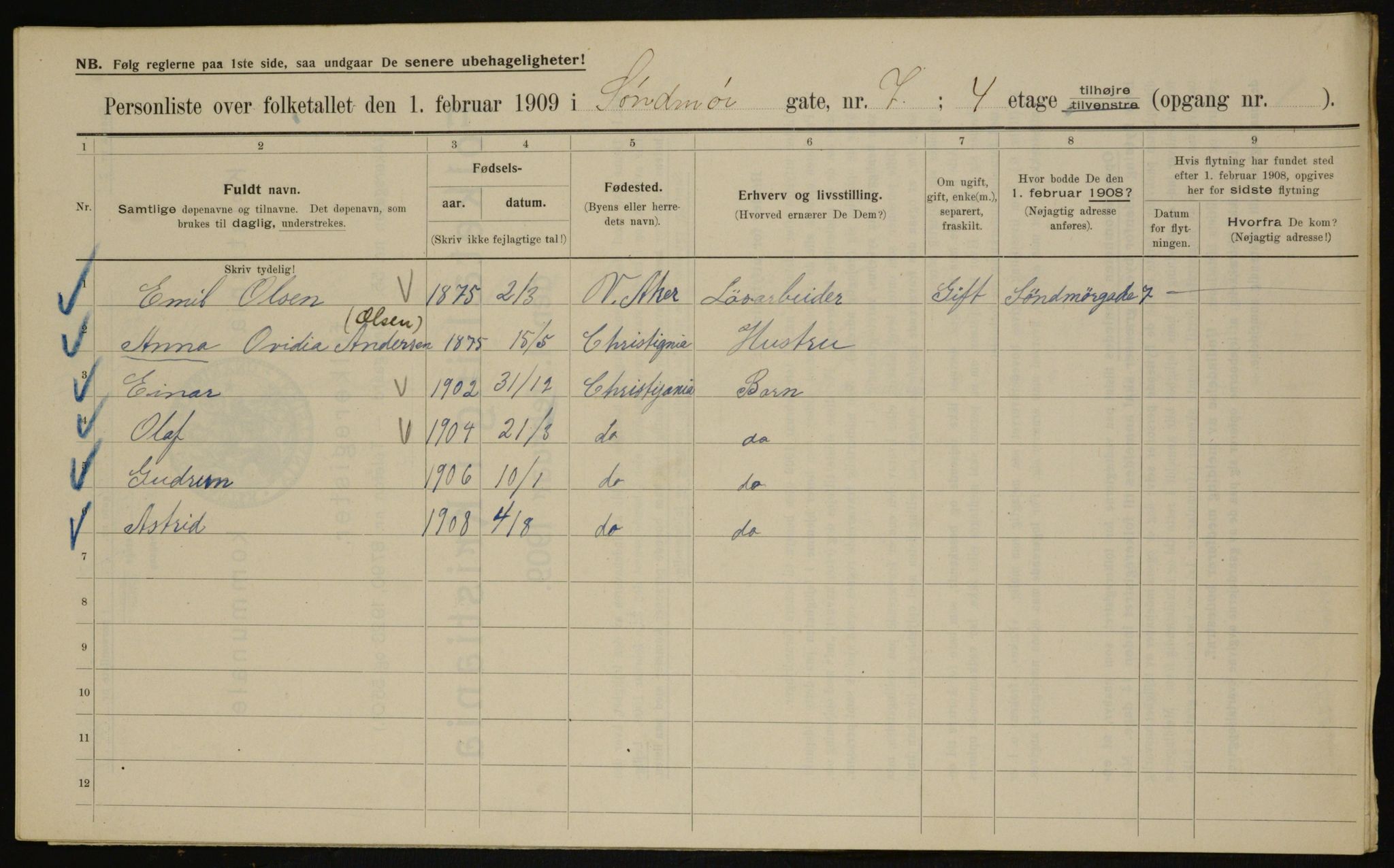 OBA, Kommunal folketelling 1.2.1909 for Kristiania kjøpstad, 1909, s. 94740