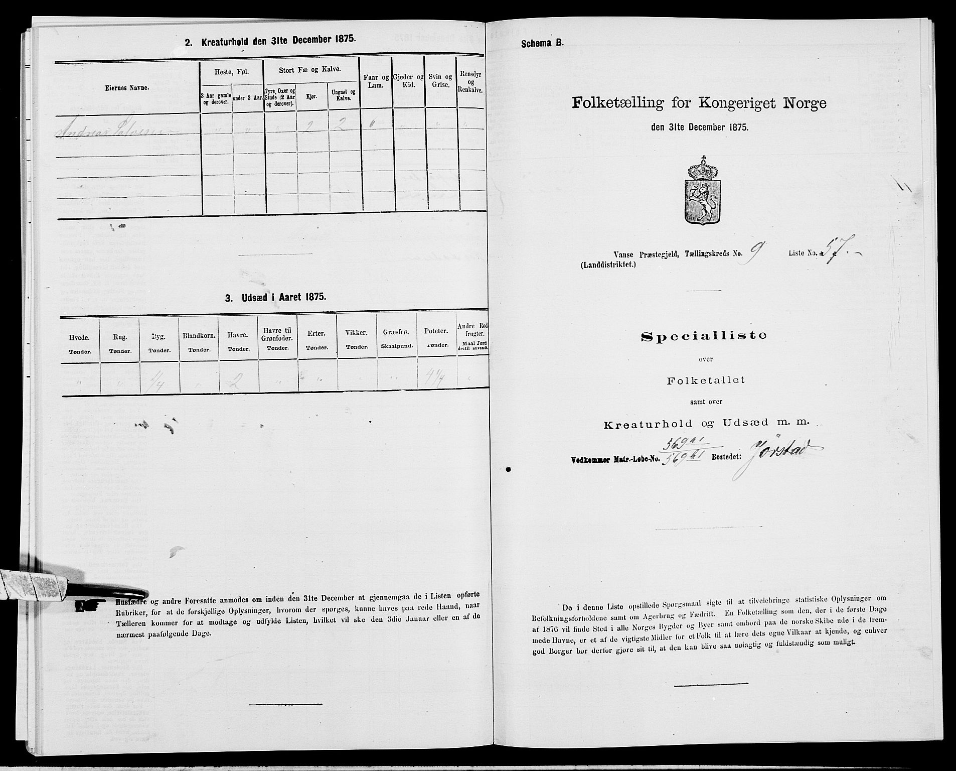 SAK, Folketelling 1875 for 1041L Vanse prestegjeld, Vanse sokn og Farsund landsokn, 1875, s. 1883