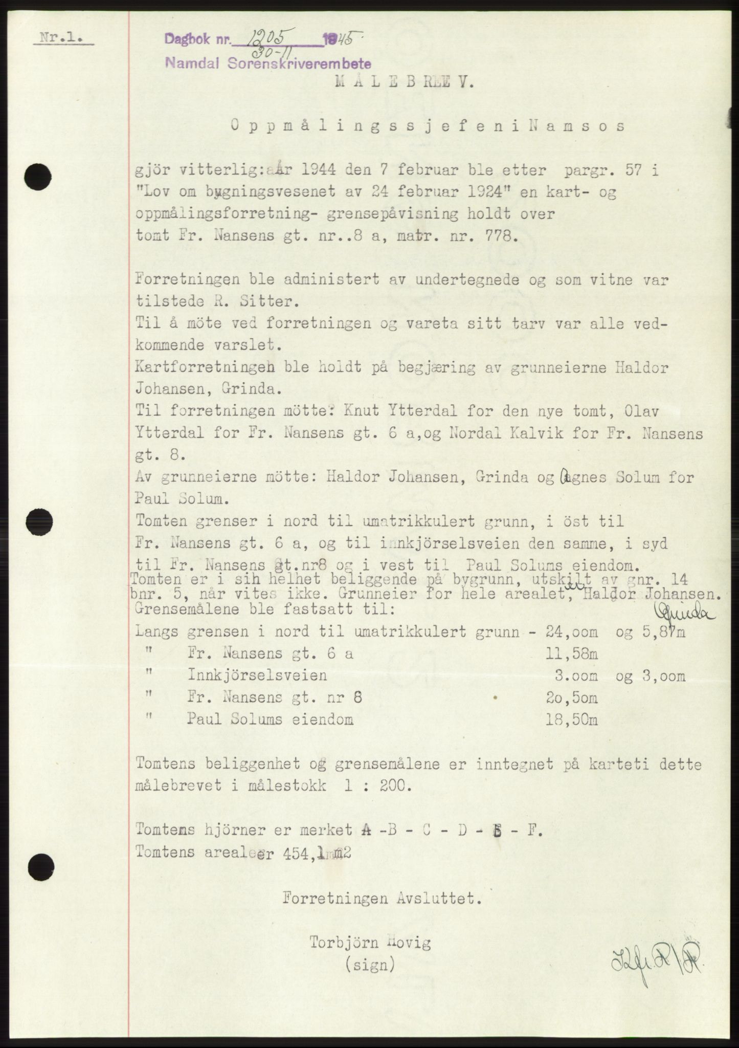 Namdal sorenskriveri, SAT/A-4133/1/2/2C: Pantebok nr. -, 1944-1945, Dagboknr: 1205/1945