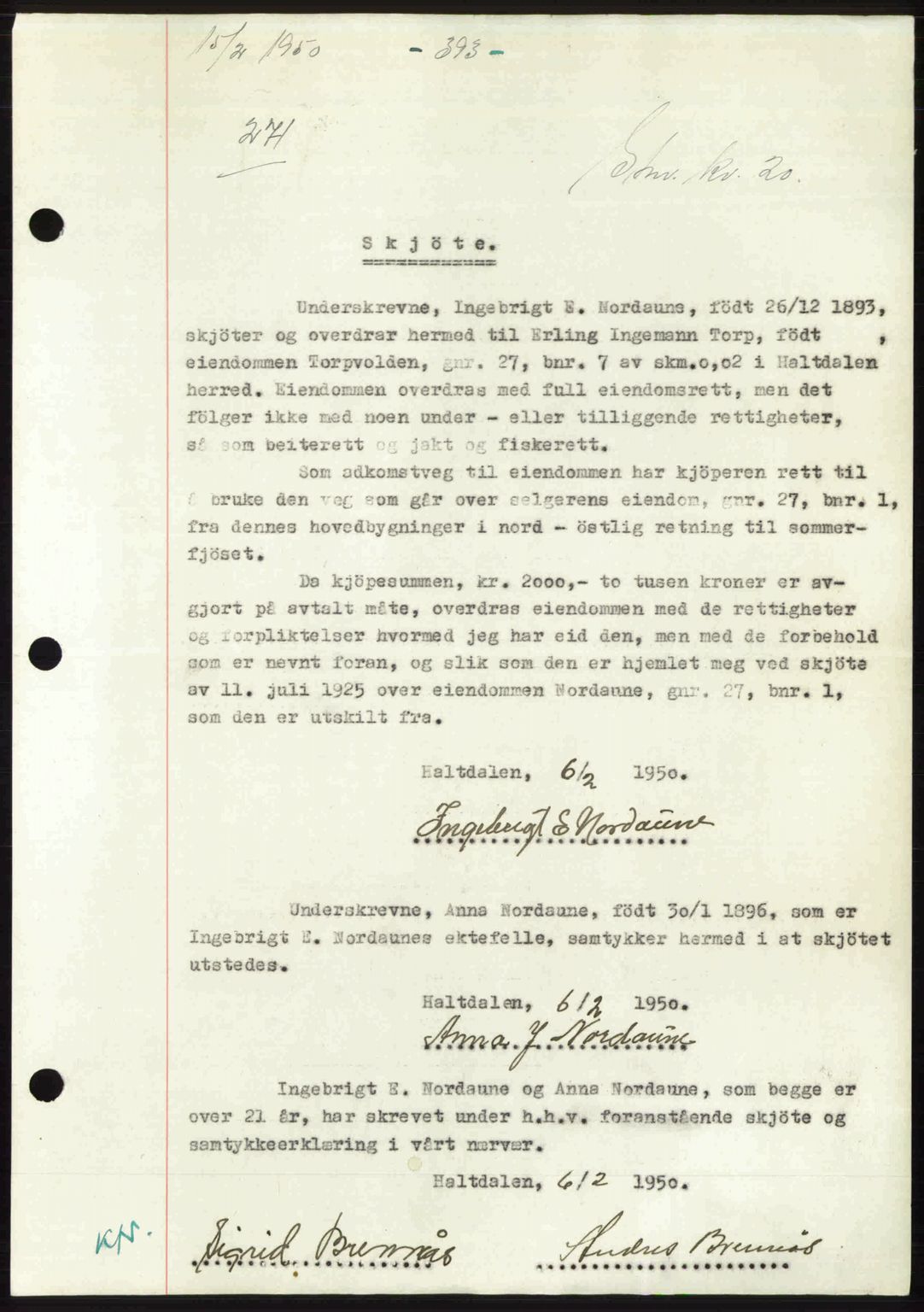 Gauldal sorenskriveri, SAT/A-0014/1/2/2C: Pantebok nr. A9, 1949-1950, Dagboknr: 271/1950