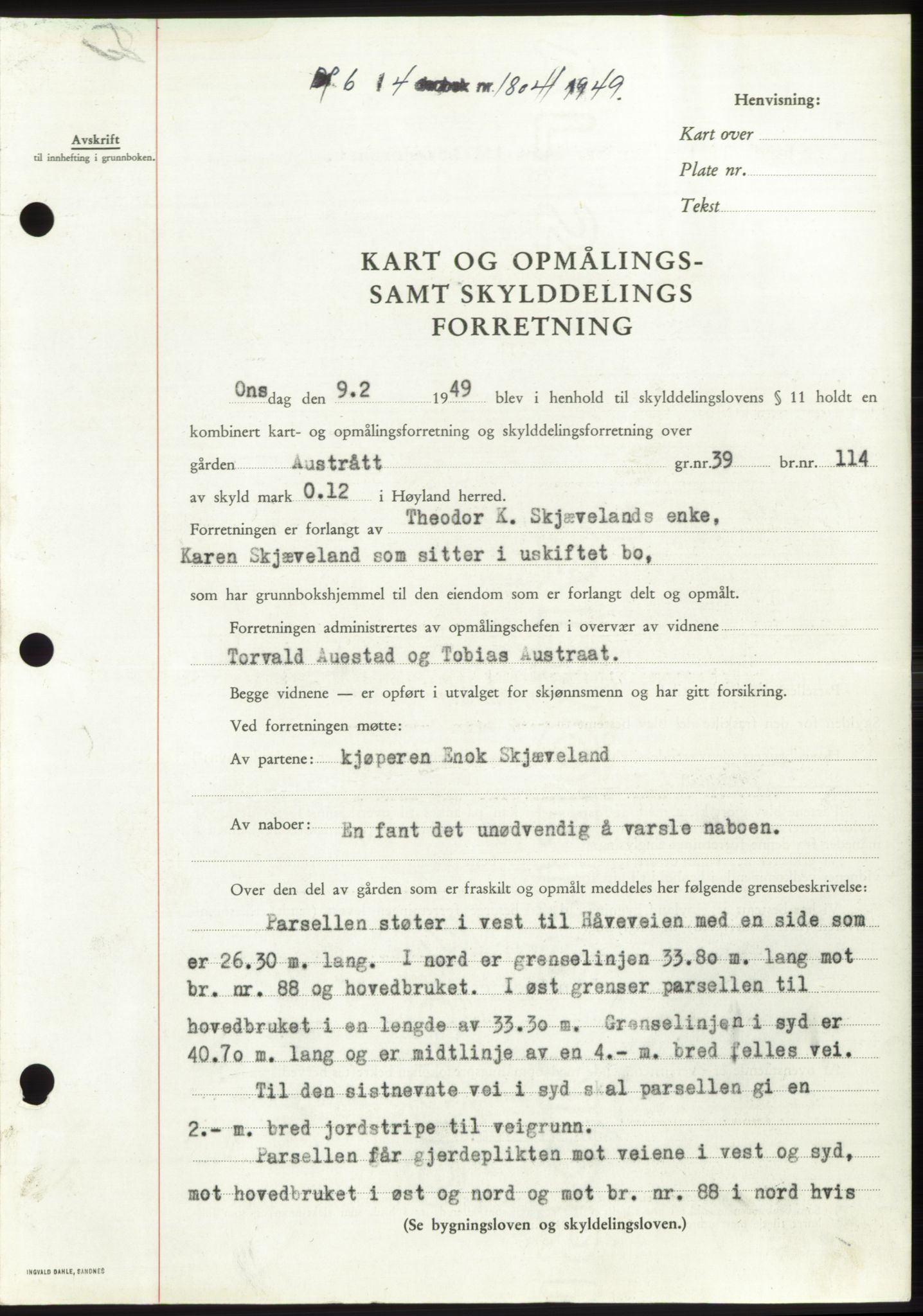 Jæren sorenskriveri, SAST/A-100310/03/G/Gba/L0102: Pantebok, 1949-1949, Dagboknr: 1804/1949