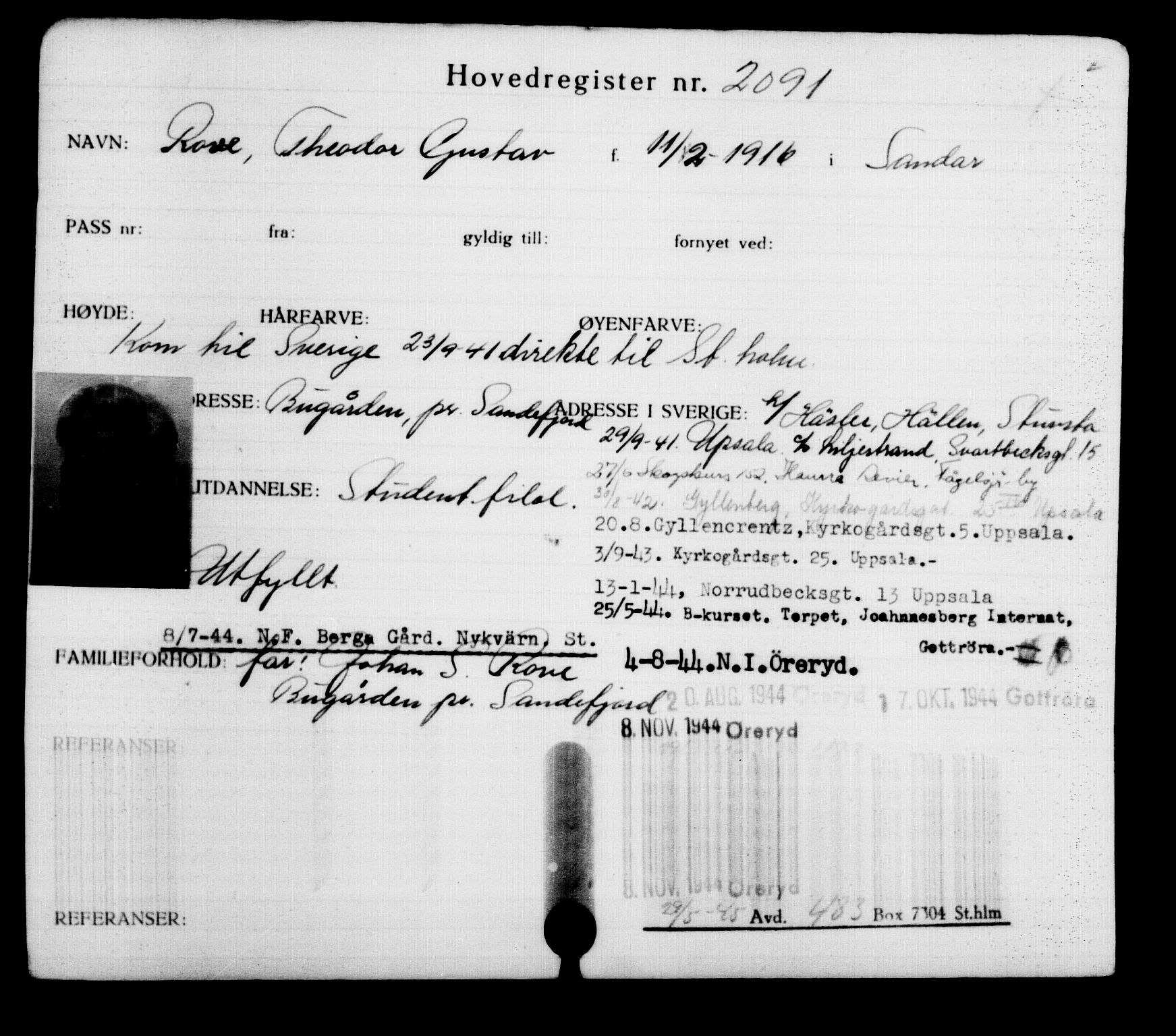 Utenriksstasjonene, Legasjonen i Stockholm, Flyktningkontoret, AV/RA-S-6753/V/Va/L0003: Kjesäterkartoteket, flyktninger med registreringsnr. 2001-3495, 1940-1945, s. 121
