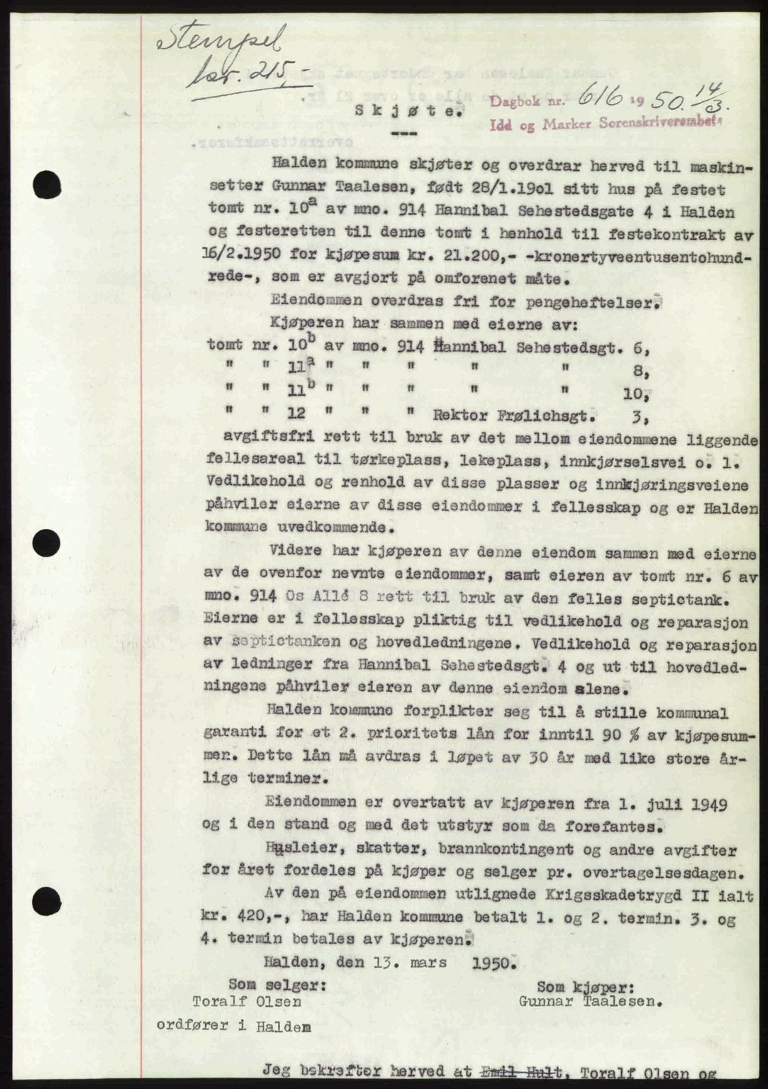 Idd og Marker sorenskriveri, AV/SAO-A-10283/G/Gb/Gbb/L0014: Pantebok nr. A14, 1950-1950, Dagboknr: 616/1950