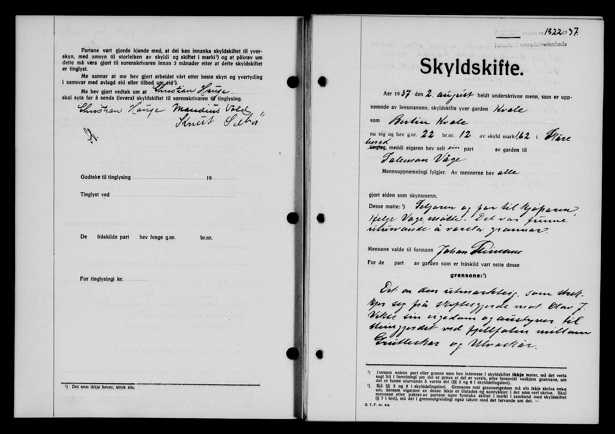 Karmsund sorenskriveri, SAST/A-100311/01/II/IIB/L0068: Pantebok nr. 49A, 1937-1937, Dagboknr: 1322/1937