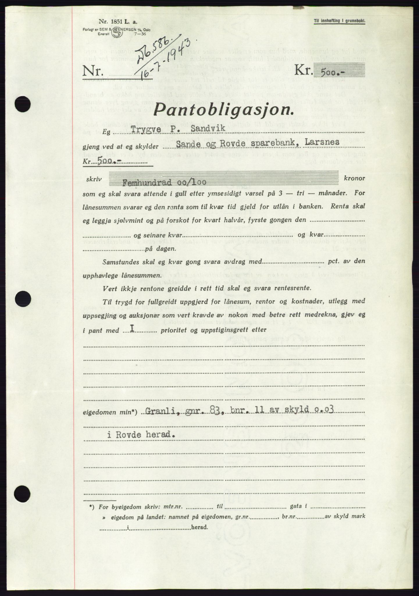 Søre Sunnmøre sorenskriveri, AV/SAT-A-4122/1/2/2C/L0114: Pantebok nr. 1-2B, 1943-1947, Dagboknr: 586/1943