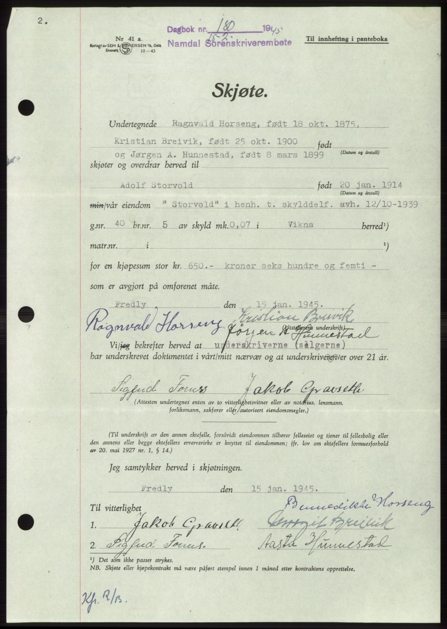 Namdal sorenskriveri, SAT/A-4133/1/2/2C: Pantebok nr. -, 1944-1945, Dagboknr: 180/1945