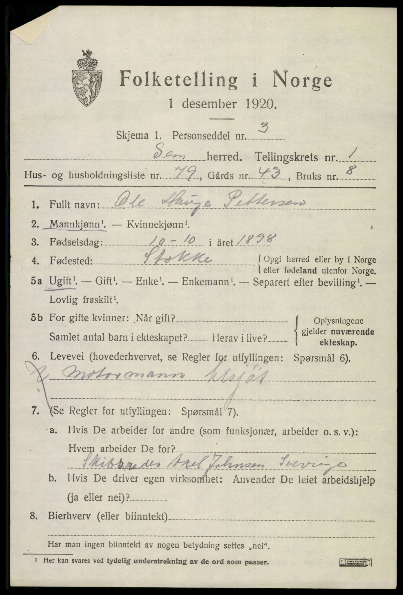 SAKO, Folketelling 1920 for 0721 Sem herred, 1920, s. 3623