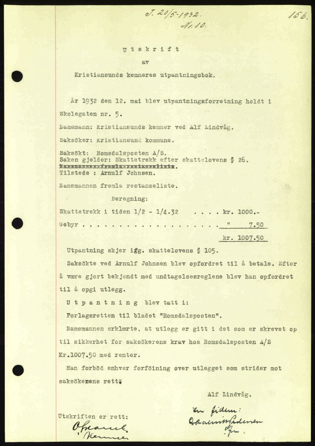 Kristiansund byfogd, AV/SAT-A-4587/A/27: Pantebok nr. 26, 1931-1933, Tingl.dato: 20.05.1932