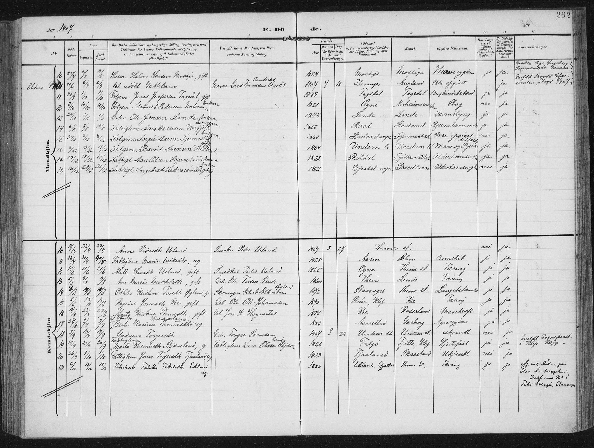 Lye sokneprestkontor, AV/SAST-A-101794/002/A/L0001: Ministerialbok nr. A 12, 1904-1920, s. 262