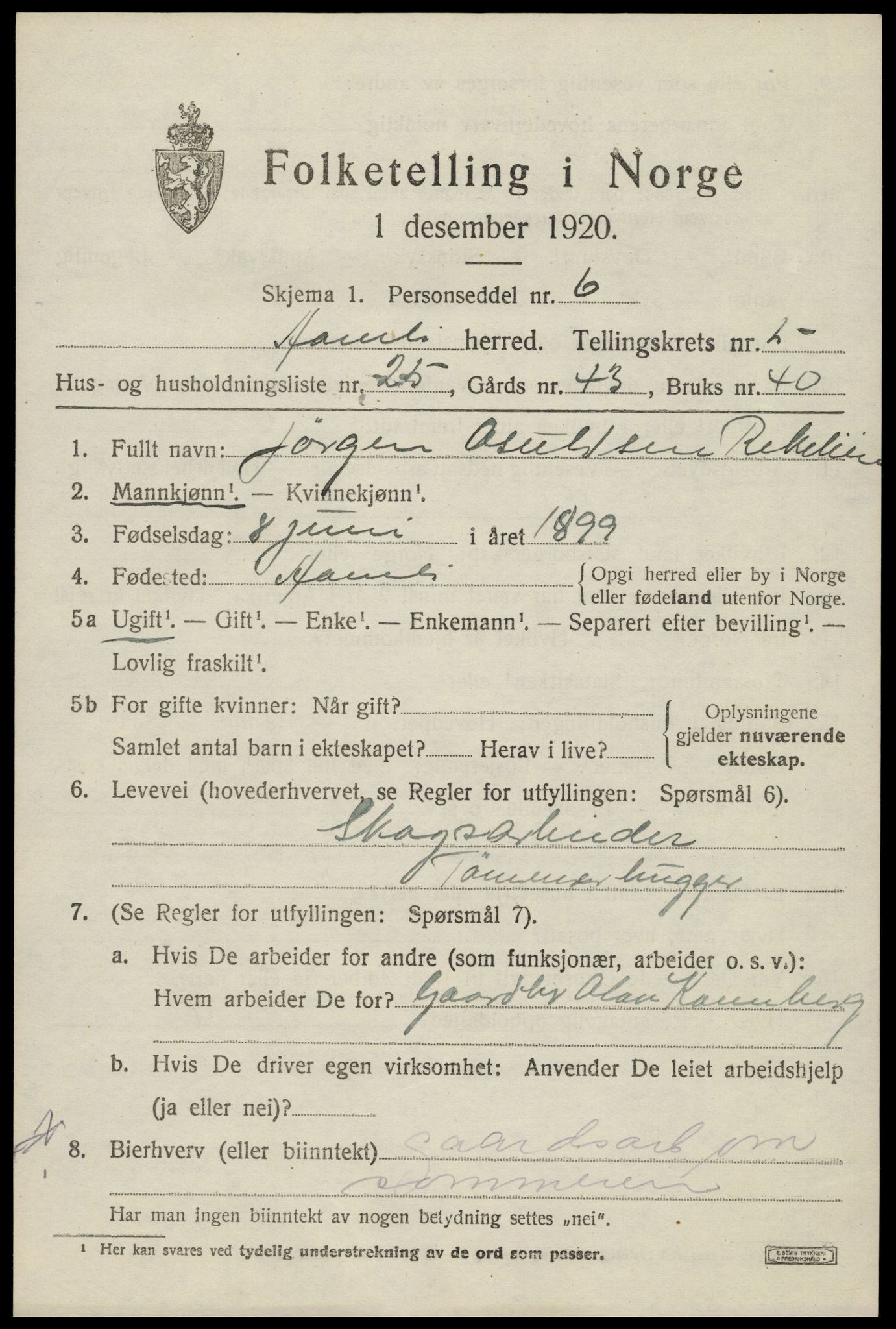 SAK, Folketelling 1920 for 0929 Åmli herred, 1920, s. 2585