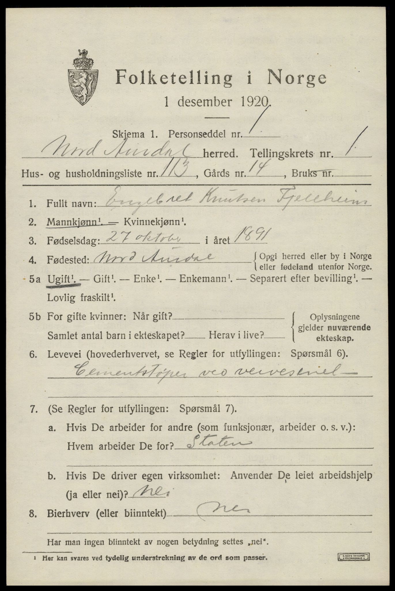 SAH, Folketelling 1920 for 0542 Nord-Aurdal herred, 1920, s. 3114