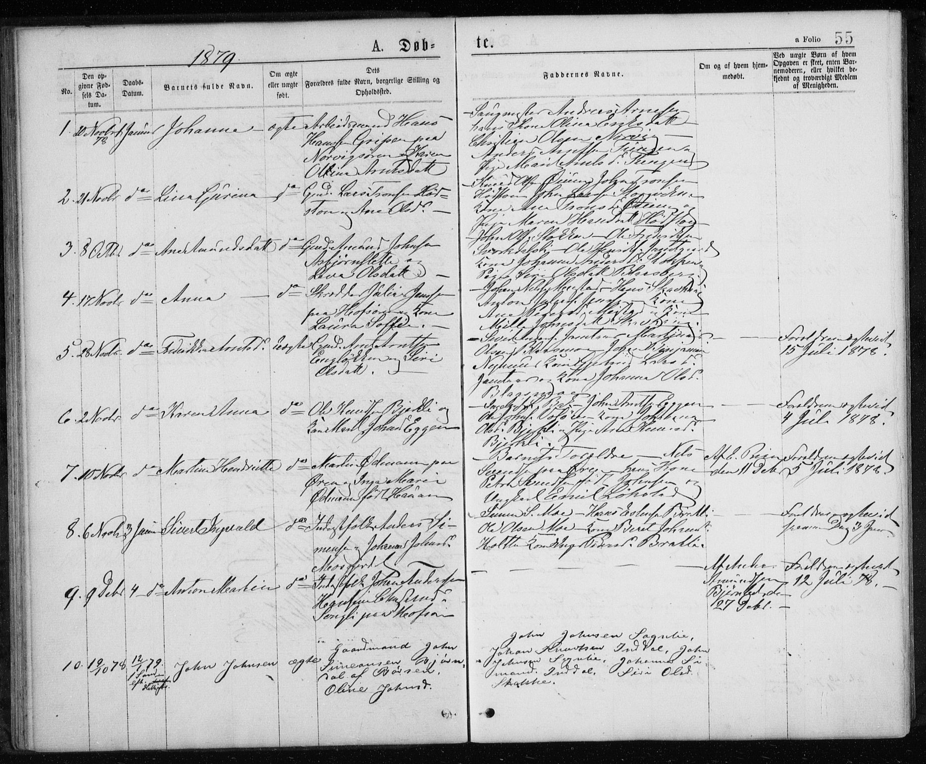 Ministerialprotokoller, klokkerbøker og fødselsregistre - Sør-Trøndelag, SAT/A-1456/668/L0817: Klokkerbok nr. 668C06, 1873-1884, s. 55