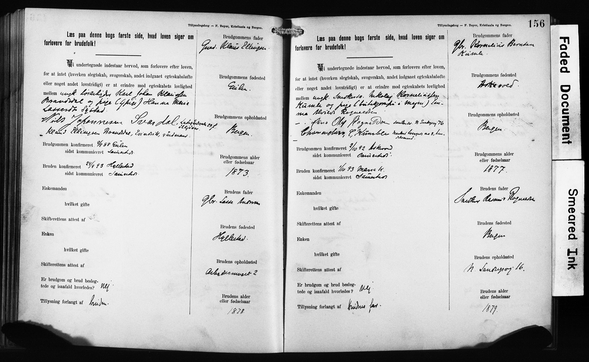 Mariakirken Sokneprestembete, SAB/A-76901: Forlovererklæringer nr. II.5.1, 1891-1901, s. 156