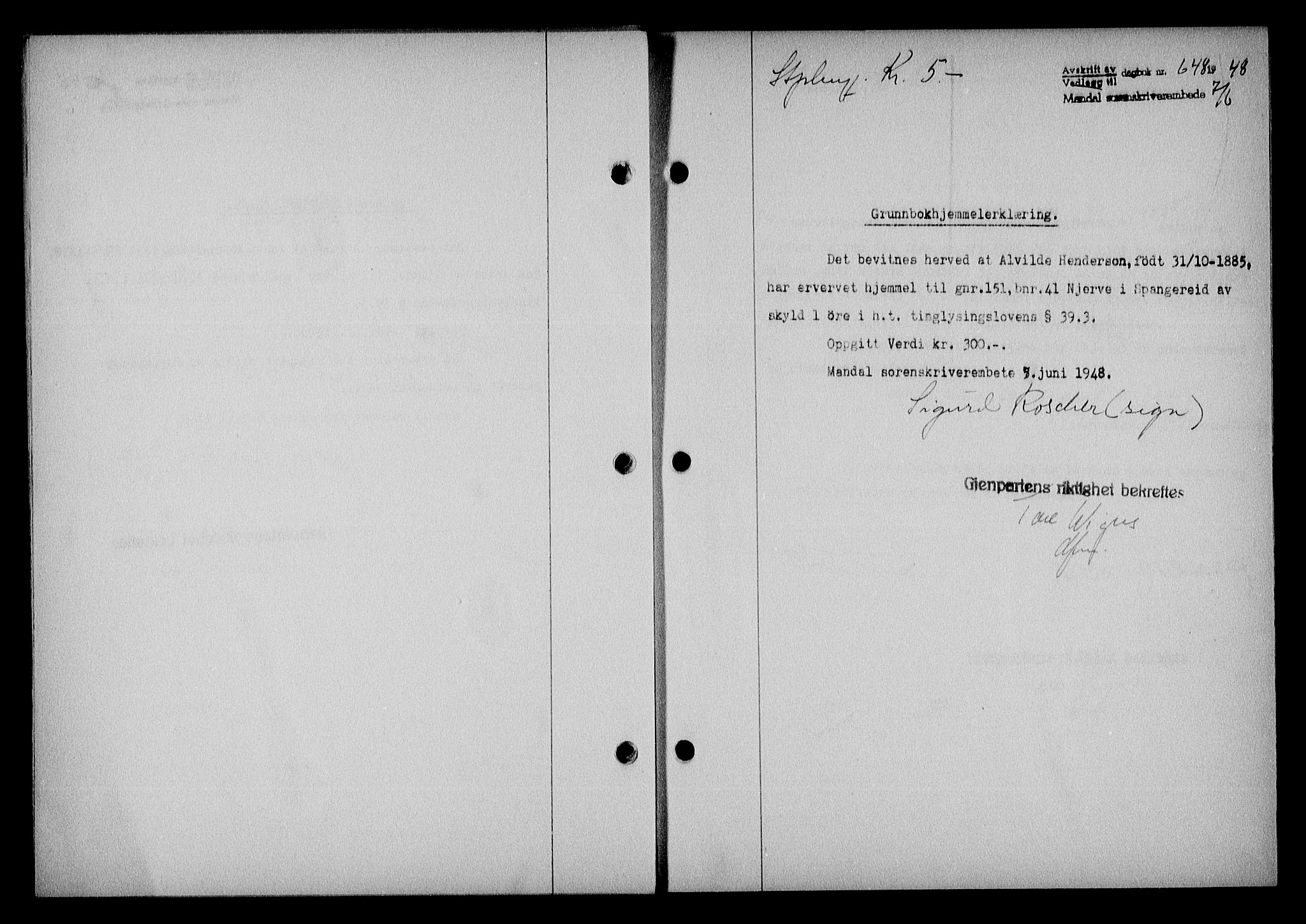Mandal sorenskriveri, SAK/1221-0005/001/G/Gb/Gba/L0079: Pantebok nr. A-16, 1947-1948, Dagboknr: 648/1948