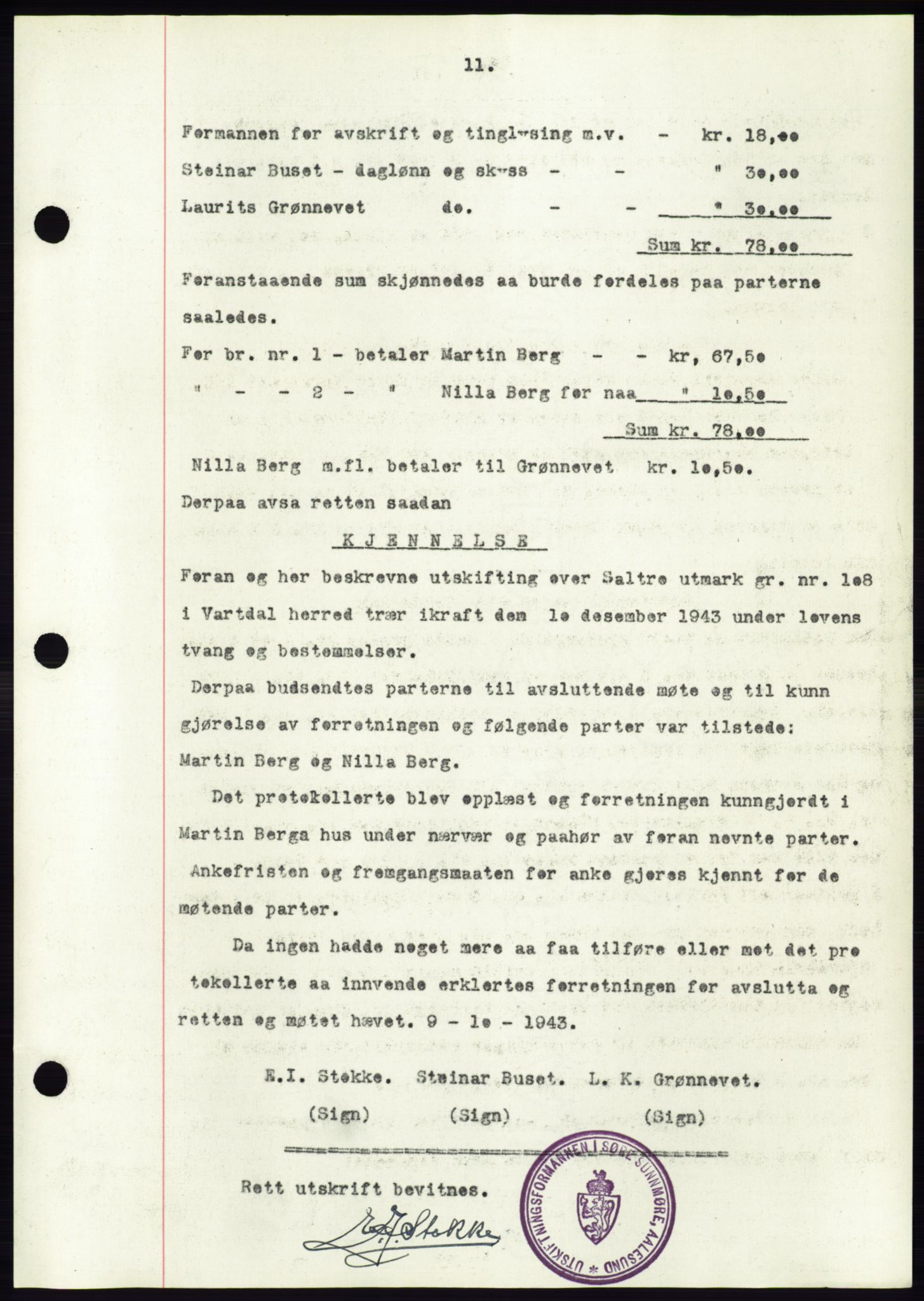 Søre Sunnmøre sorenskriveri, AV/SAT-A-4122/1/2/2C/L0075: Pantebok nr. 1A, 1943-1943, Dagboknr: 1114/1943