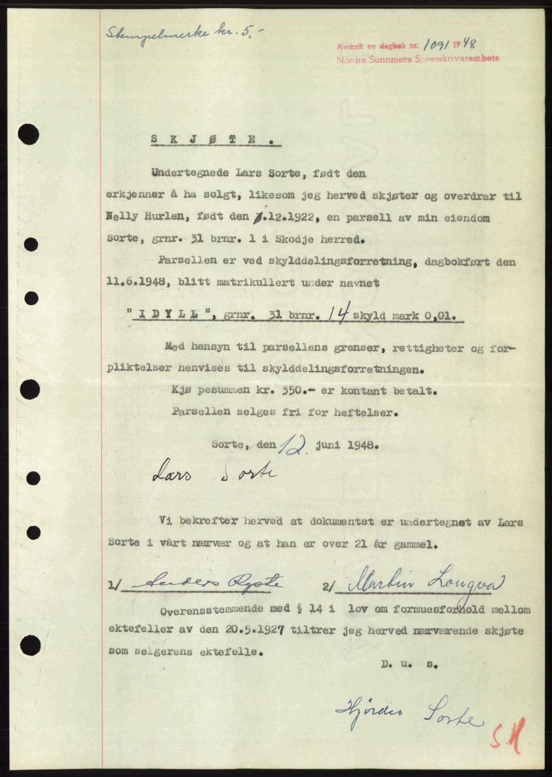 Nordre Sunnmøre sorenskriveri, AV/SAT-A-0006/1/2/2C/2Ca: Pantebok nr. A28, 1948-1948, Dagboknr: 1091/1948