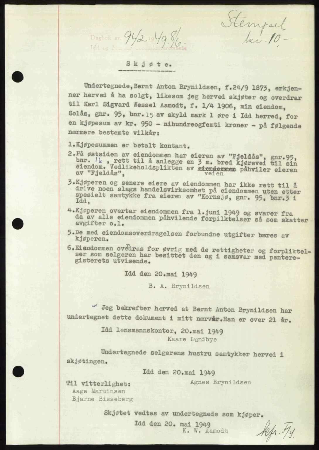 Idd og Marker sorenskriveri, SAO/A-10283/G/Gb/Gbb/L0012: Pantebok nr. A12, 1949-1949, Dagboknr: 942/1949