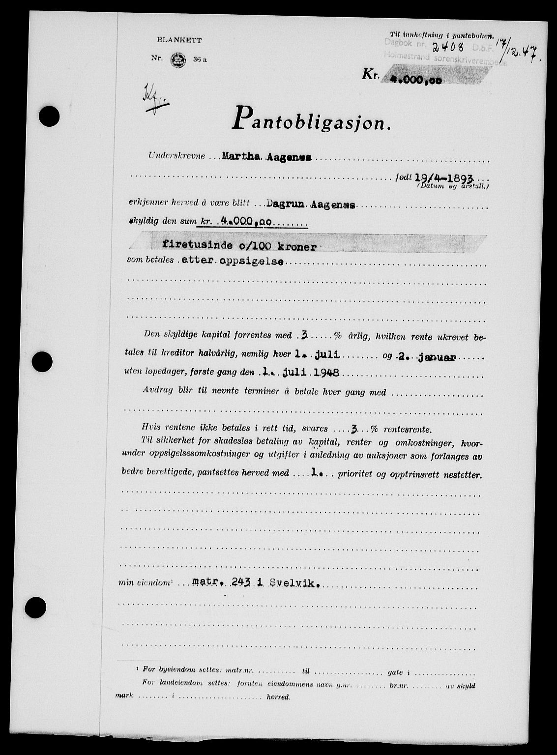 Holmestrand sorenskriveri, SAKO/A-67/G/Ga/Gab/L0058: Pantebok nr. B-58, 1947-1948, Dagboknr: 1408/1947