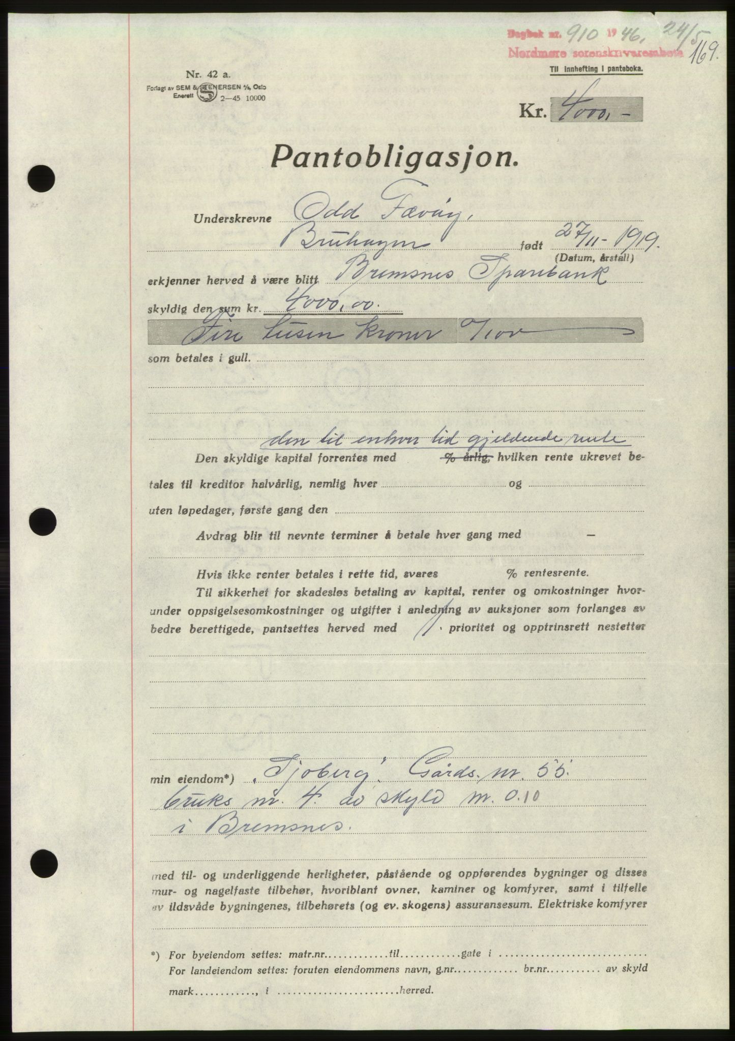 Nordmøre sorenskriveri, SAT/A-4132/1/2/2Ca: Pantebok nr. B94, 1946-1946, Dagboknr: 910/1946