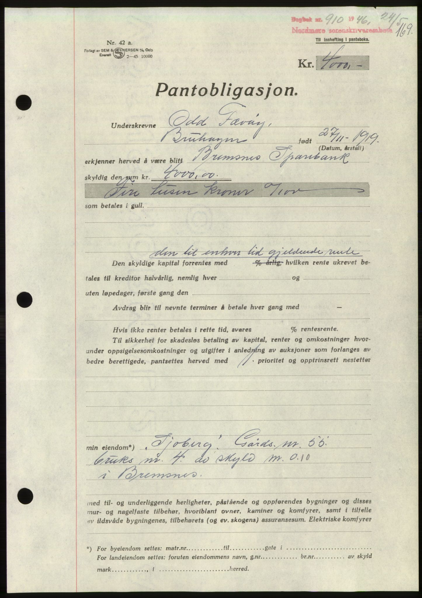 Nordmøre sorenskriveri, AV/SAT-A-4132/1/2/2Ca: Pantebok nr. B94, 1946-1946, Dagboknr: 910/1946