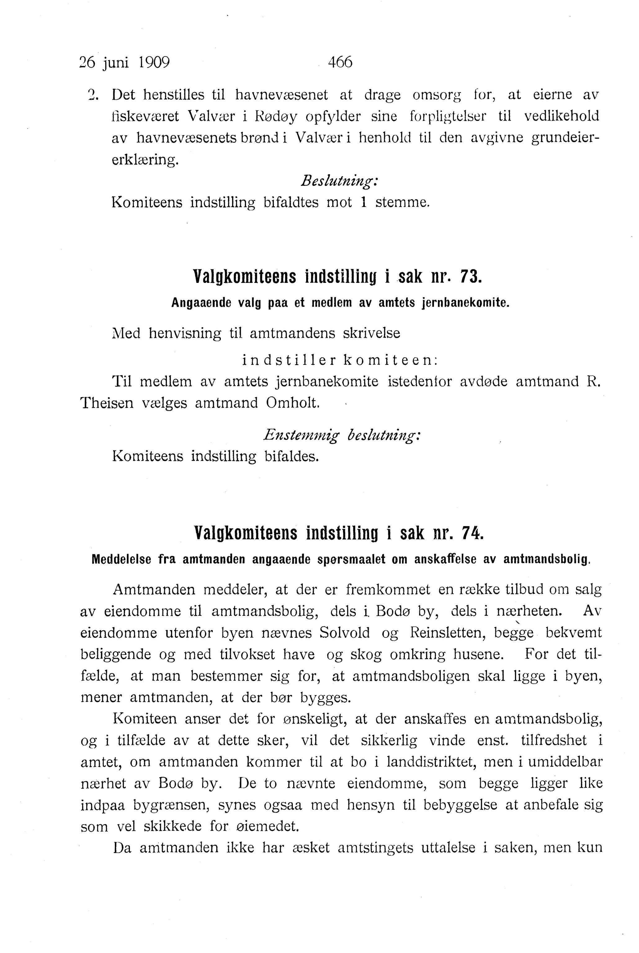 Nordland Fylkeskommune. Fylkestinget, AIN/NFK-17/176/A/Ac/L0032: Fylkestingsforhandlinger 1909, 1909