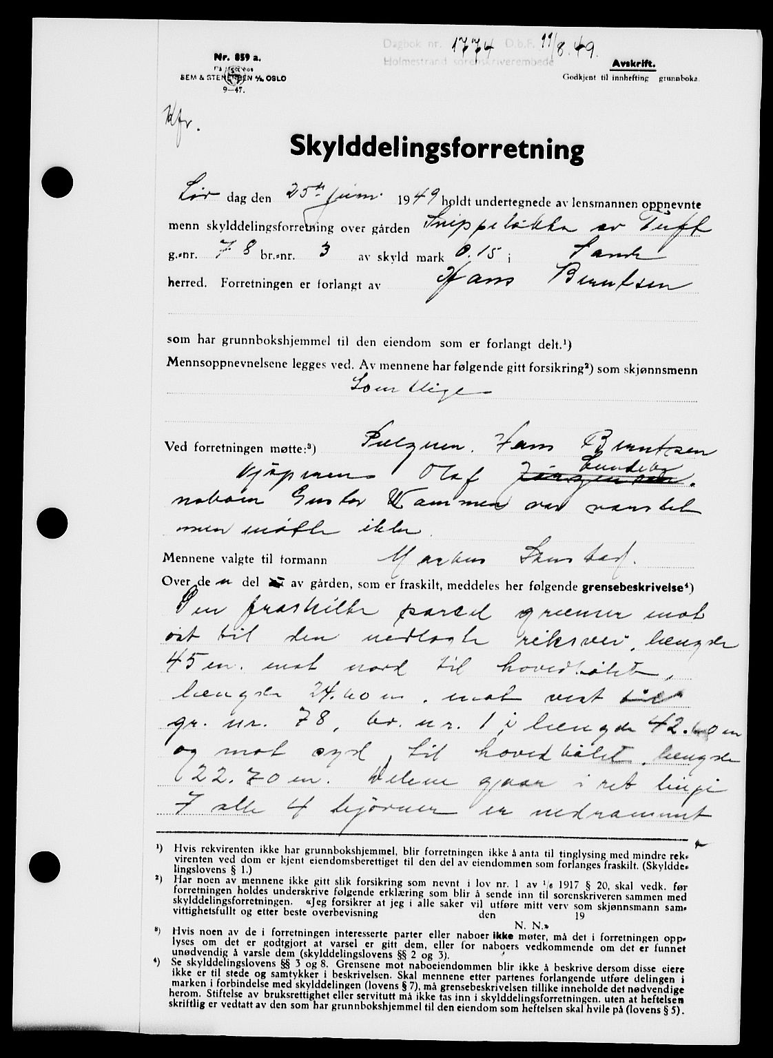 Holmestrand sorenskriveri, SAKO/A-67/G/Ga/Gaa/L0067: Pantebok nr. A-67, 1949-1949, Dagboknr: 1774/1949