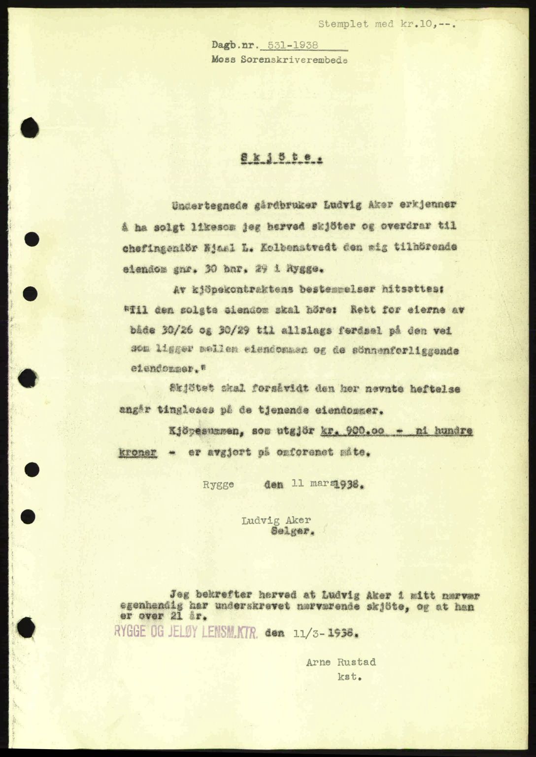 Moss sorenskriveri, SAO/A-10168: Pantebok nr. A4, 1938-1938, Dagboknr: 531/1938