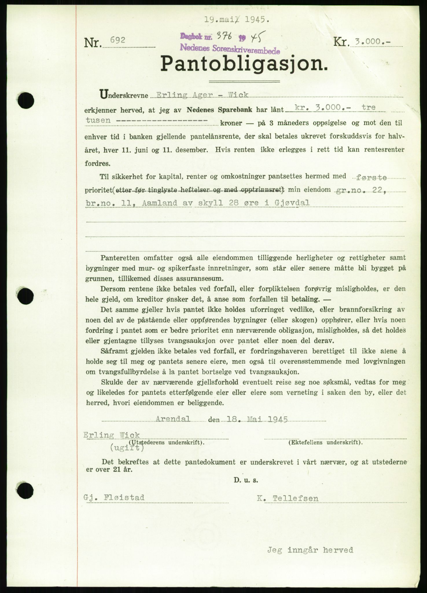 Nedenes sorenskriveri, SAK/1221-0006/G/Gb/Gbb/L0002: Pantebok nr. II, 1942-1945, Dagboknr: 376/1945