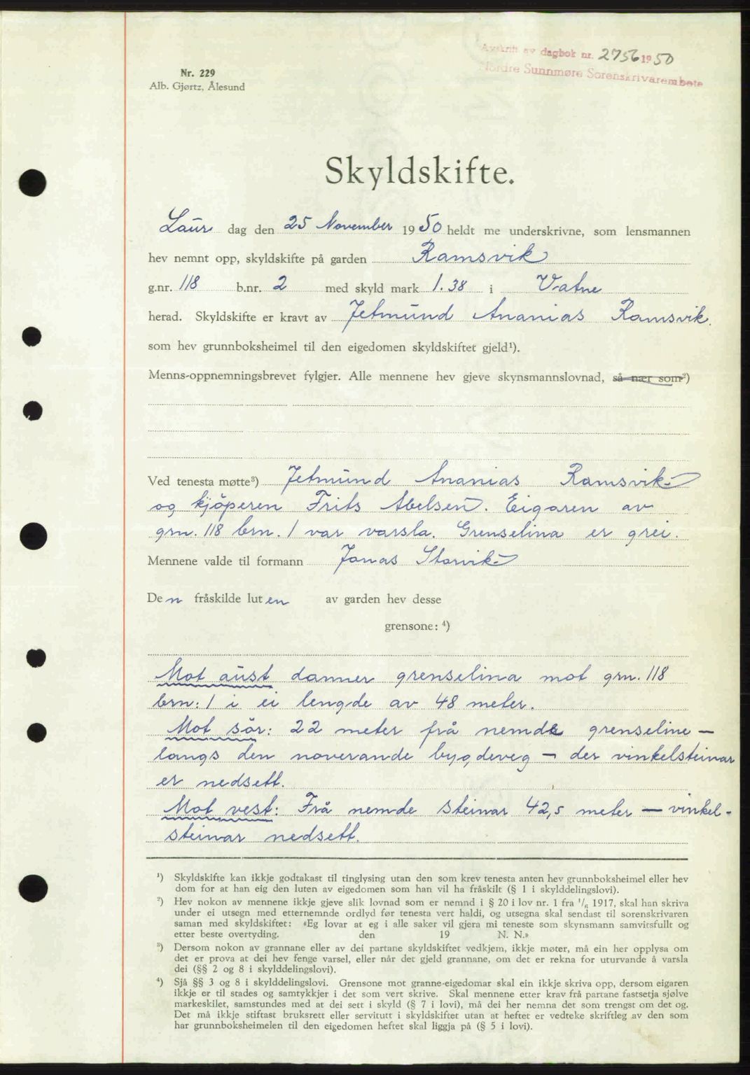 Nordre Sunnmøre sorenskriveri, AV/SAT-A-0006/1/2/2C/2Ca: Pantebok nr. A36, 1950-1950, Dagboknr: 2756/1950