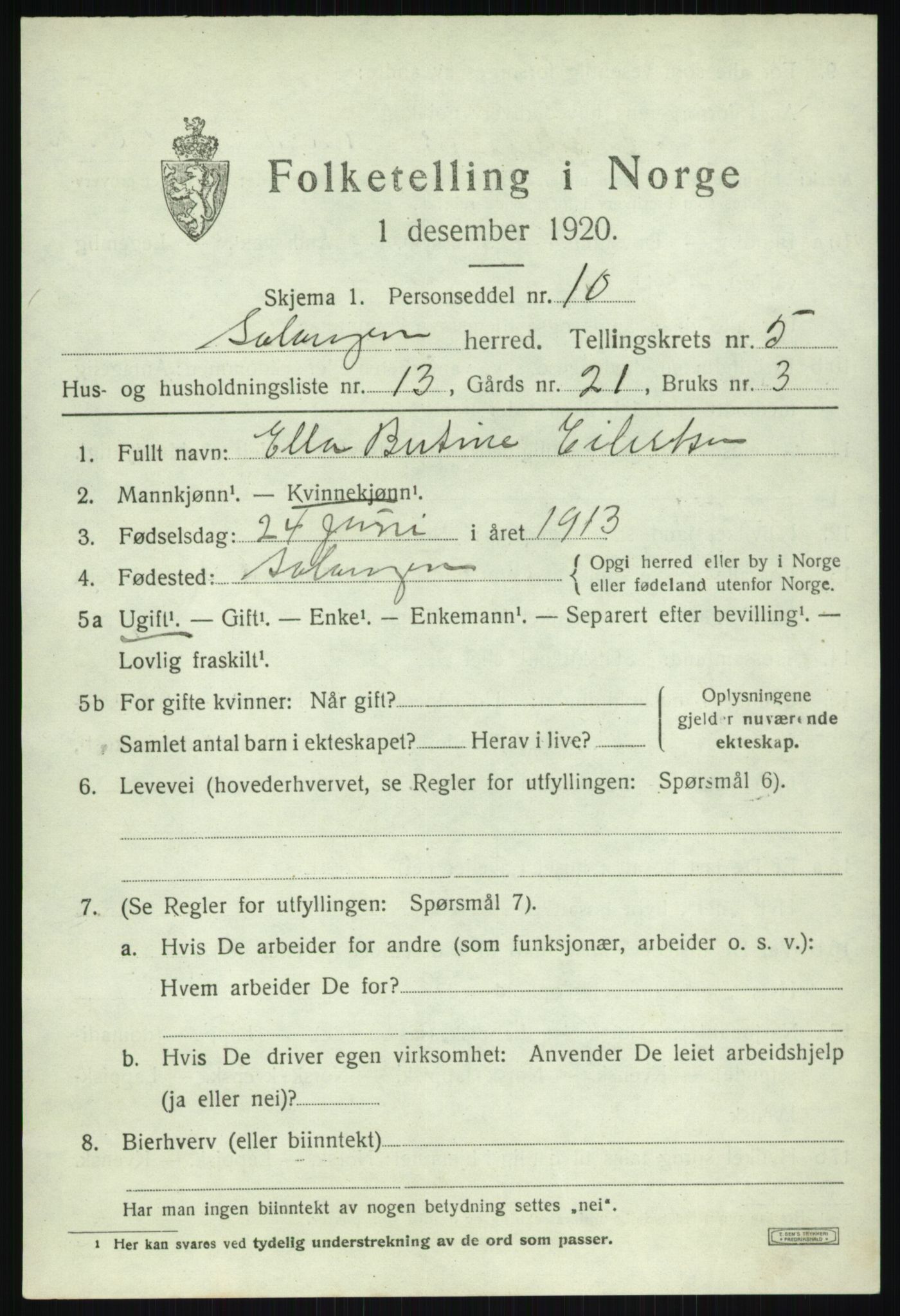 SATØ, Folketelling 1920 for 1921 Salangen herred, 1920, s. 3522