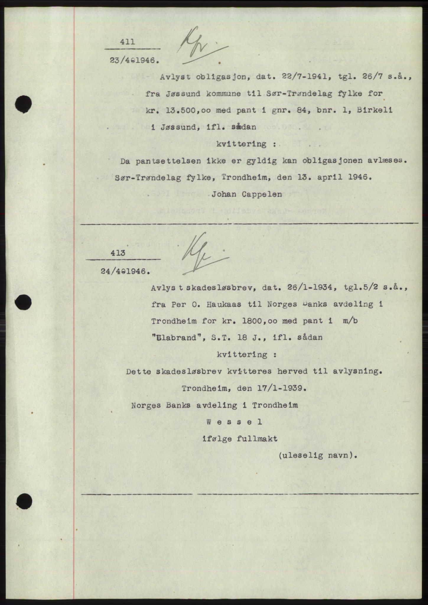 Fosen sorenskriveri, AV/SAT-A-1107/1/2/2C: Pantebok nr. B1, 1943-1946, Dagboknr: 411/1946