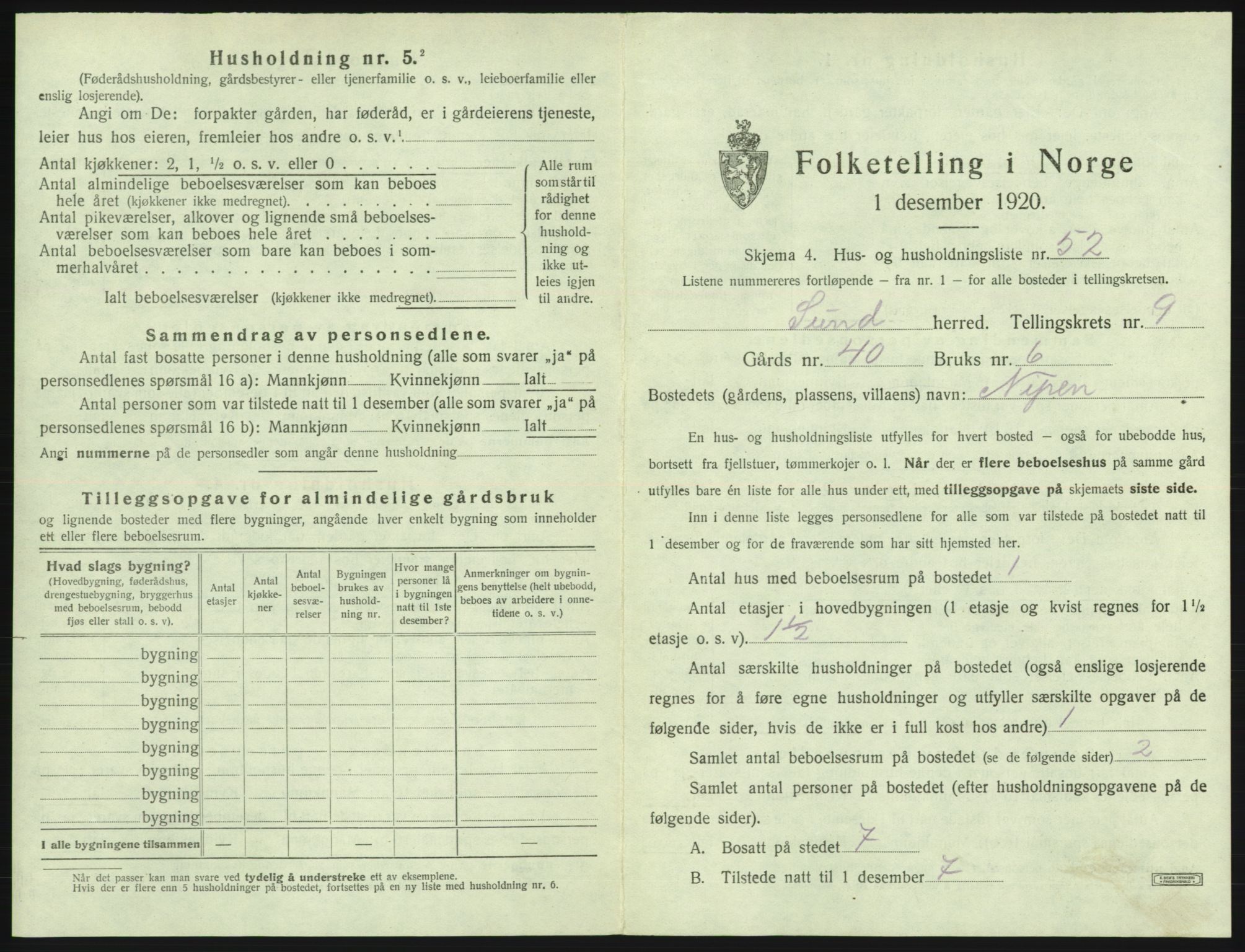 SAB, Folketelling 1920 for 1245 Sund herred, 1920, s. 826