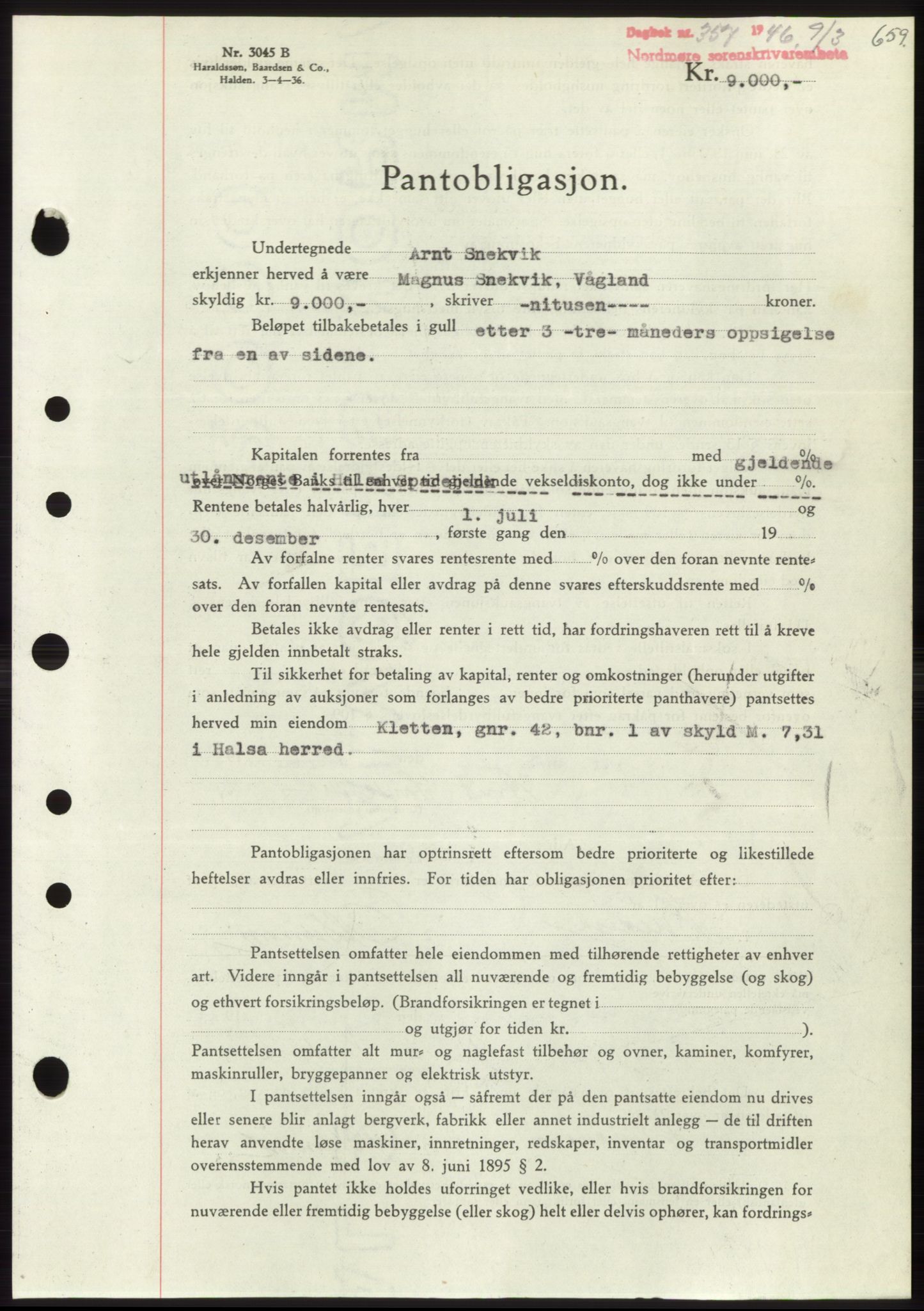 Nordmøre sorenskriveri, SAT/A-4132/1/2/2Ca: Pantebok nr. B93b, 1946-1946, Dagboknr: 357/1946