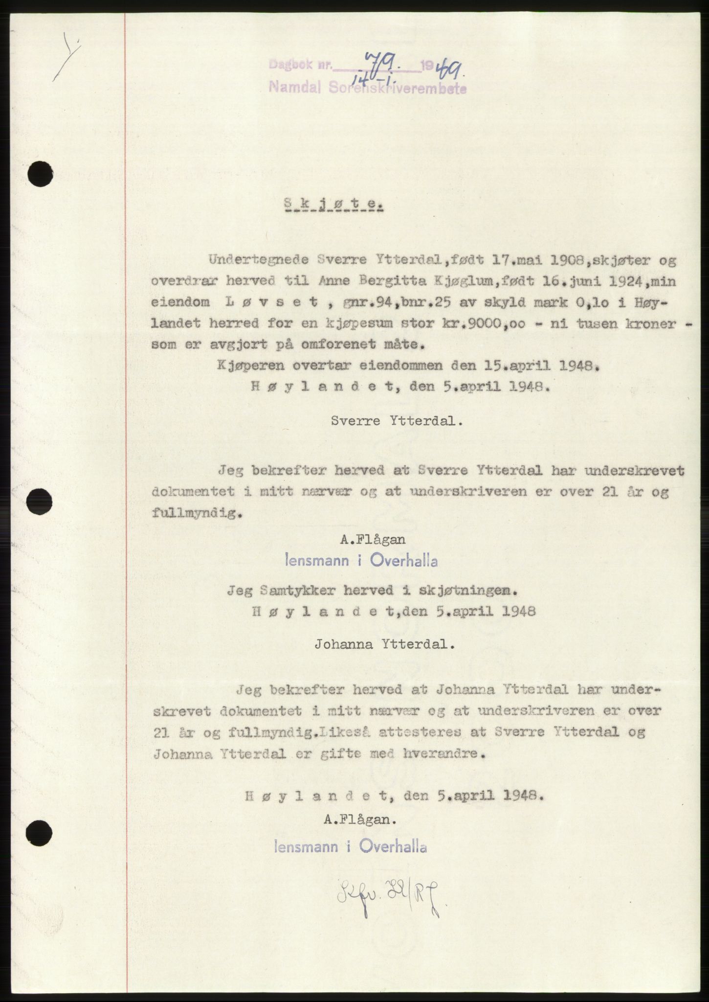 Namdal sorenskriveri, SAT/A-4133/1/2/2C: Pantebok nr. -, 1949-1949, Dagboknr: 79/1949