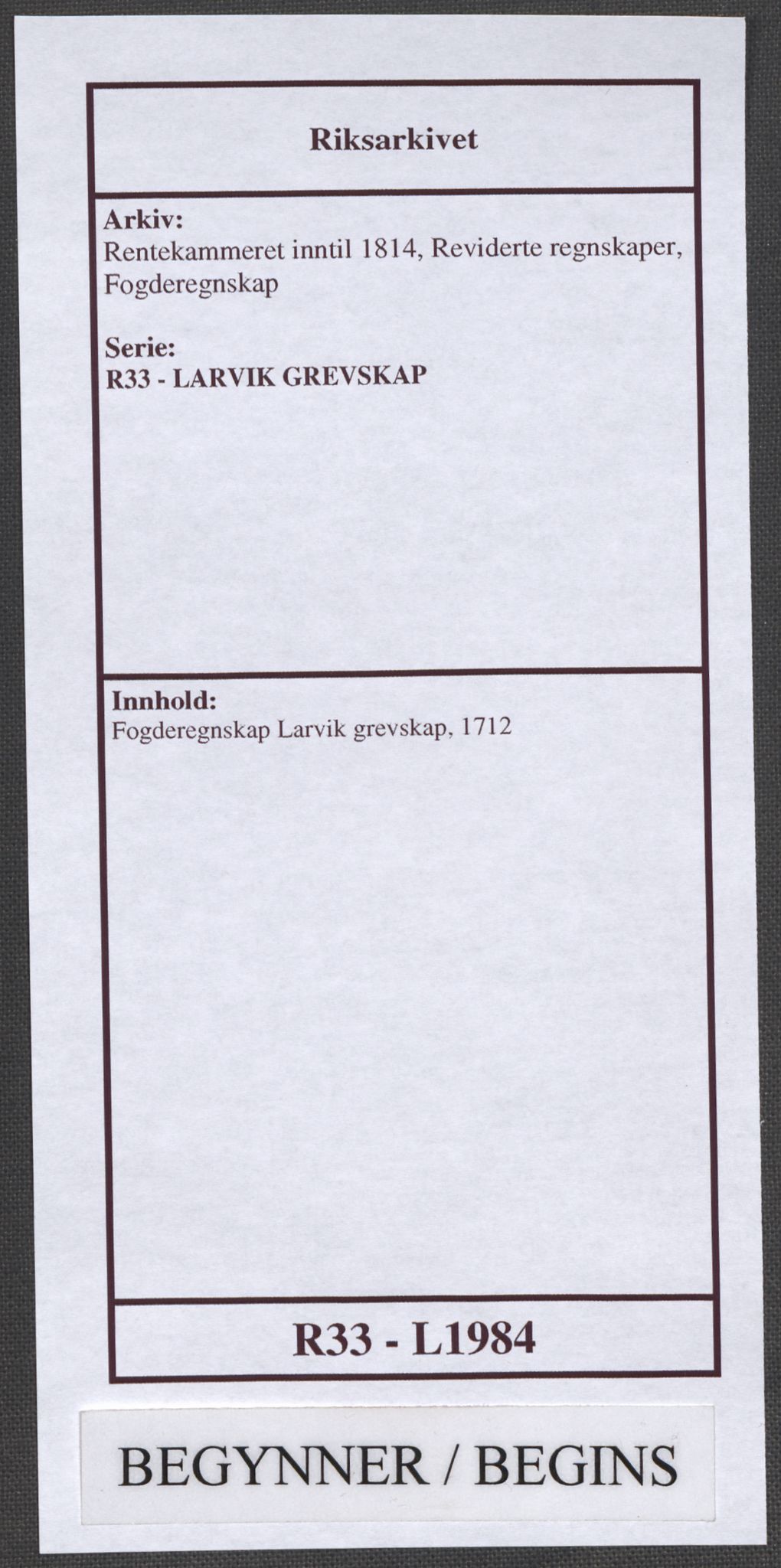 Rentekammeret inntil 1814, Reviderte regnskaper, Fogderegnskap, RA/EA-4092/R33/L1984: Fogderegnskap Larvik grevskap, 1712, s. 1