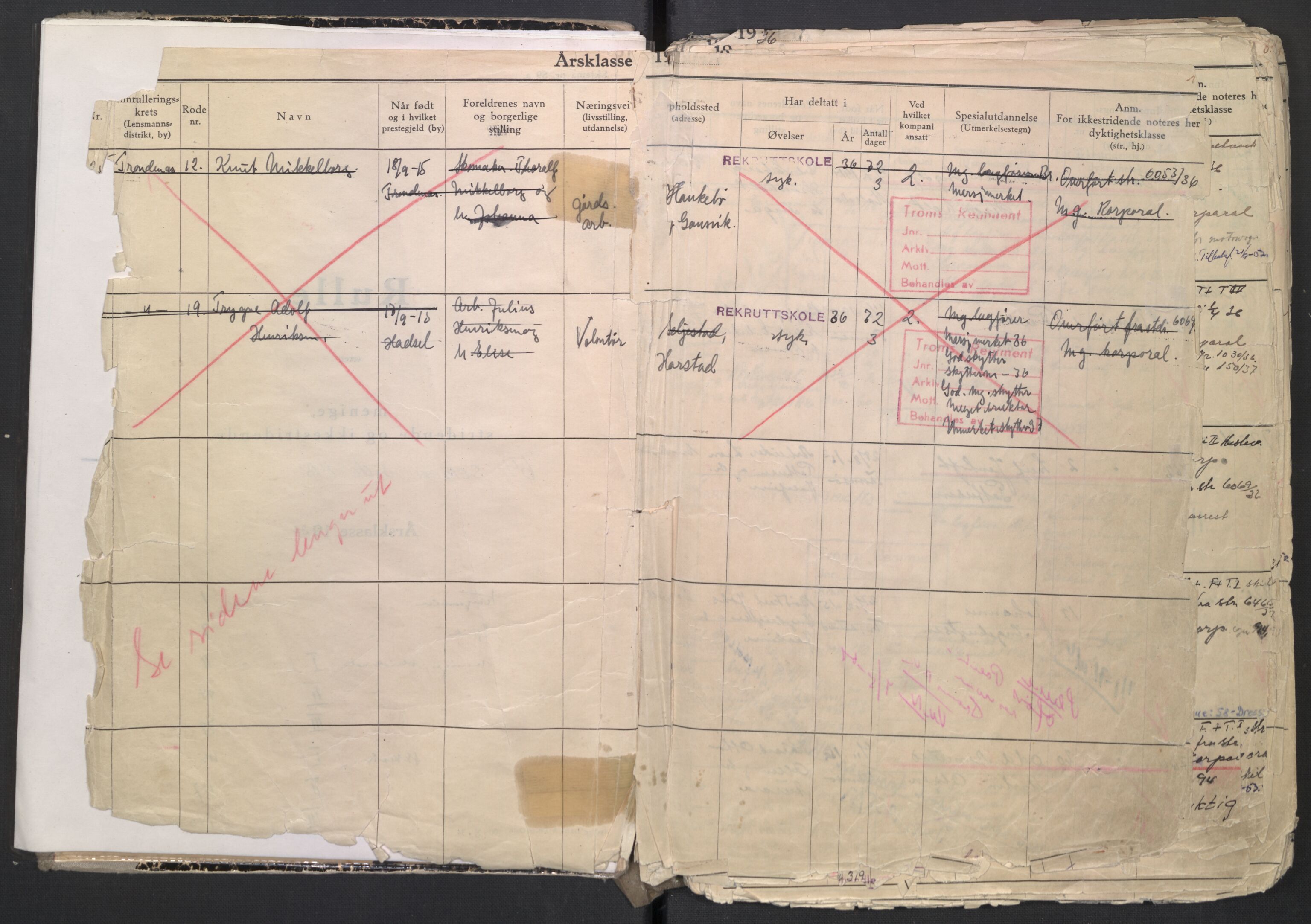 Forsvaret, Troms infanteriregiment nr. 16, AV/RA-RAFA-3146/P/Pa/L0007/0001: Ruller / Rulle for regimentets menige mannskaper, årsklasse 1936, 1936, s. 1