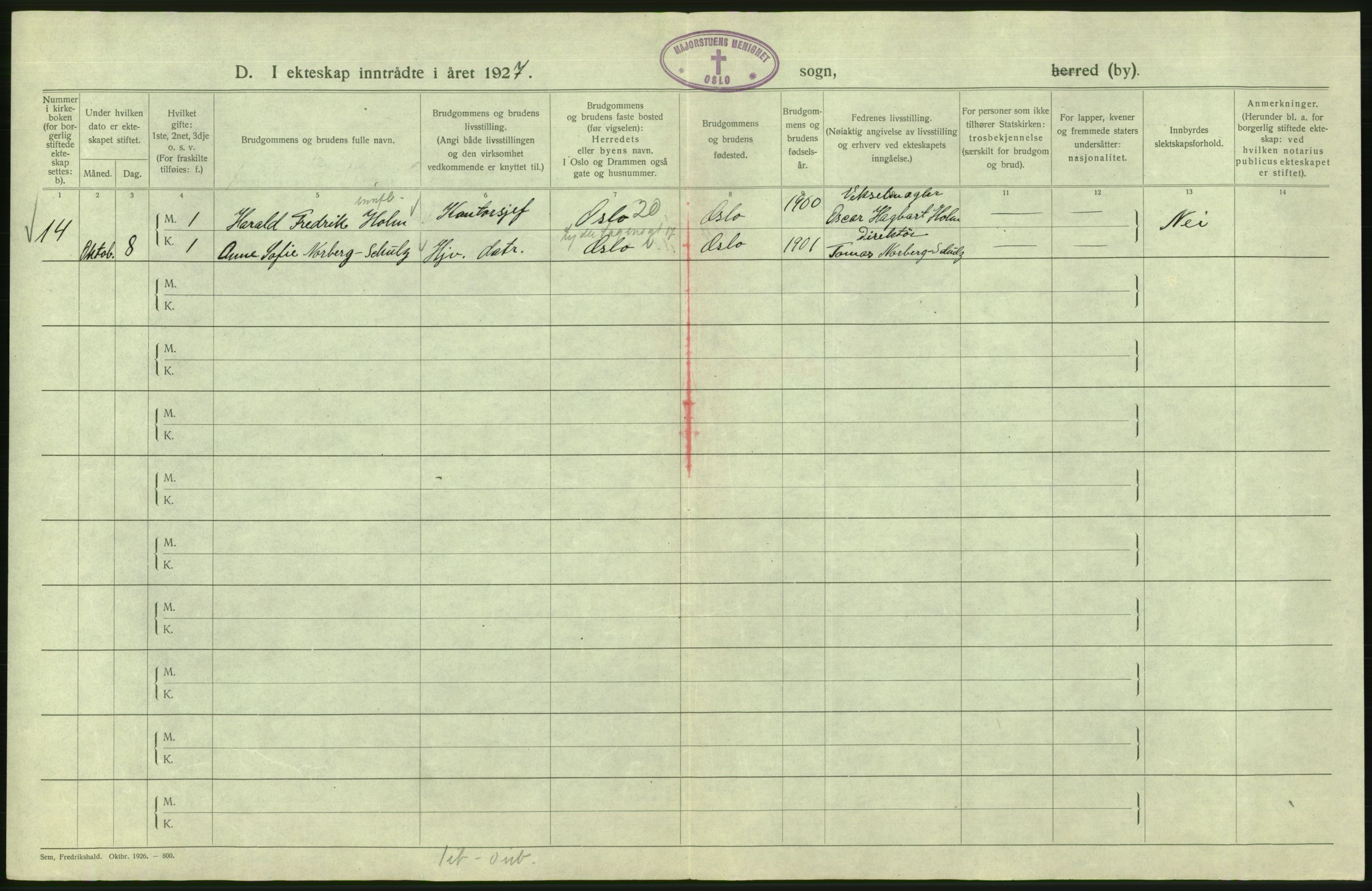 Statistisk sentralbyrå, Sosiodemografiske emner, Befolkning, RA/S-2228/D/Df/Dfc/Dfcg/L0008: Oslo: Gifte, 1927, s. 842