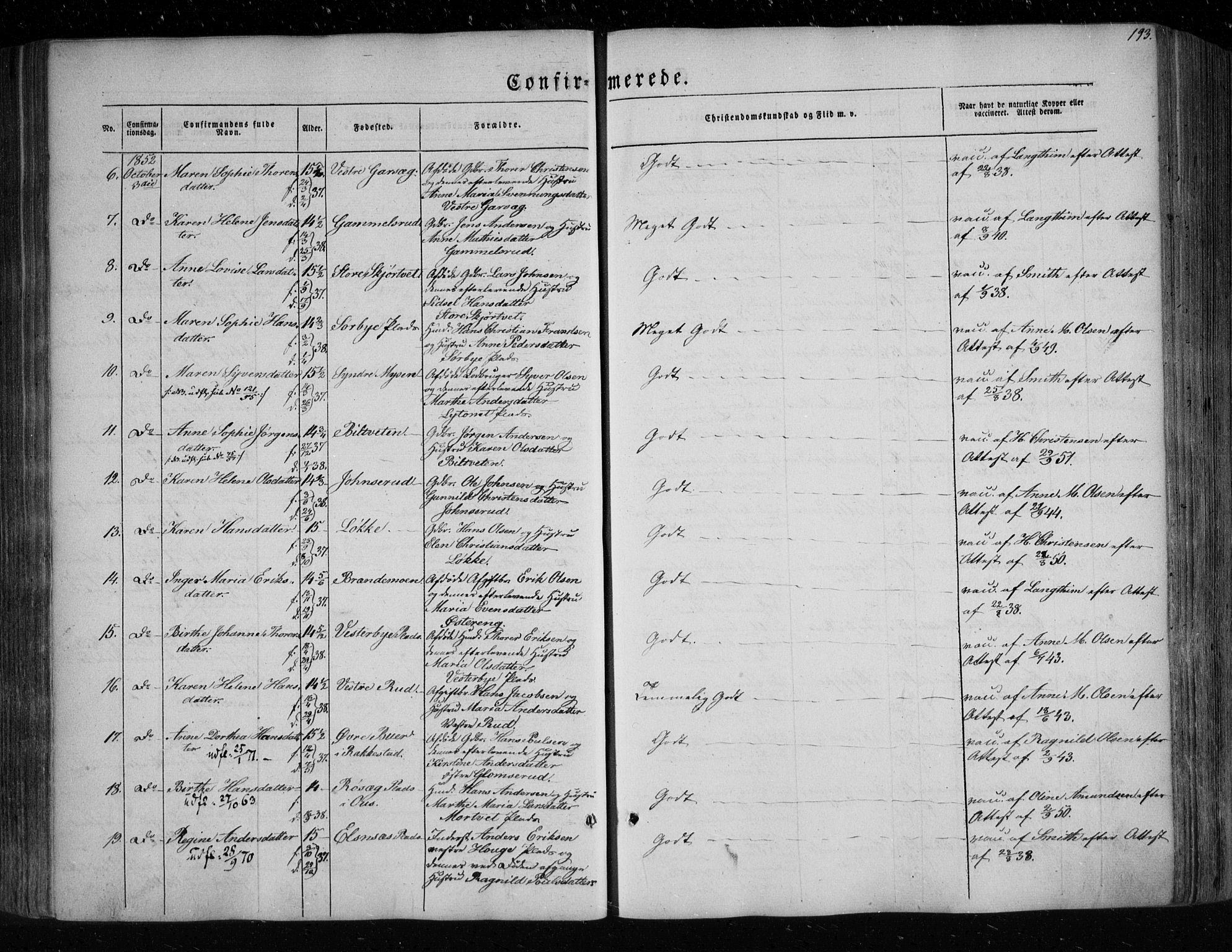 Eidsberg prestekontor Kirkebøker, AV/SAO-A-10905/F/Fa/L0009: Ministerialbok nr. I 9, 1849-1856, s. 193