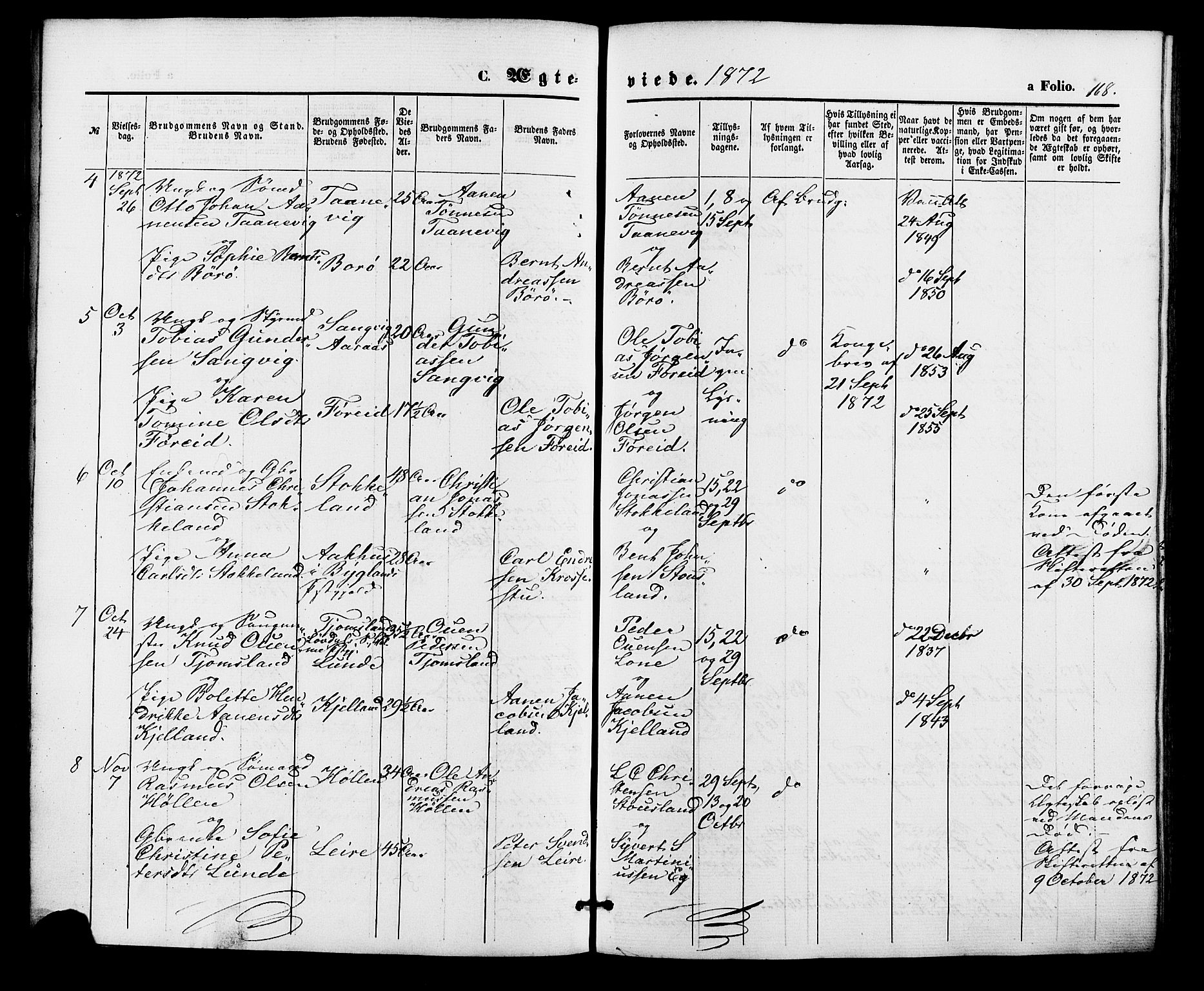 Søgne sokneprestkontor, AV/SAK-1111-0037/F/Fa/Fab/L0011: Ministerialbok nr. A 11, 1869-1879, s. 168