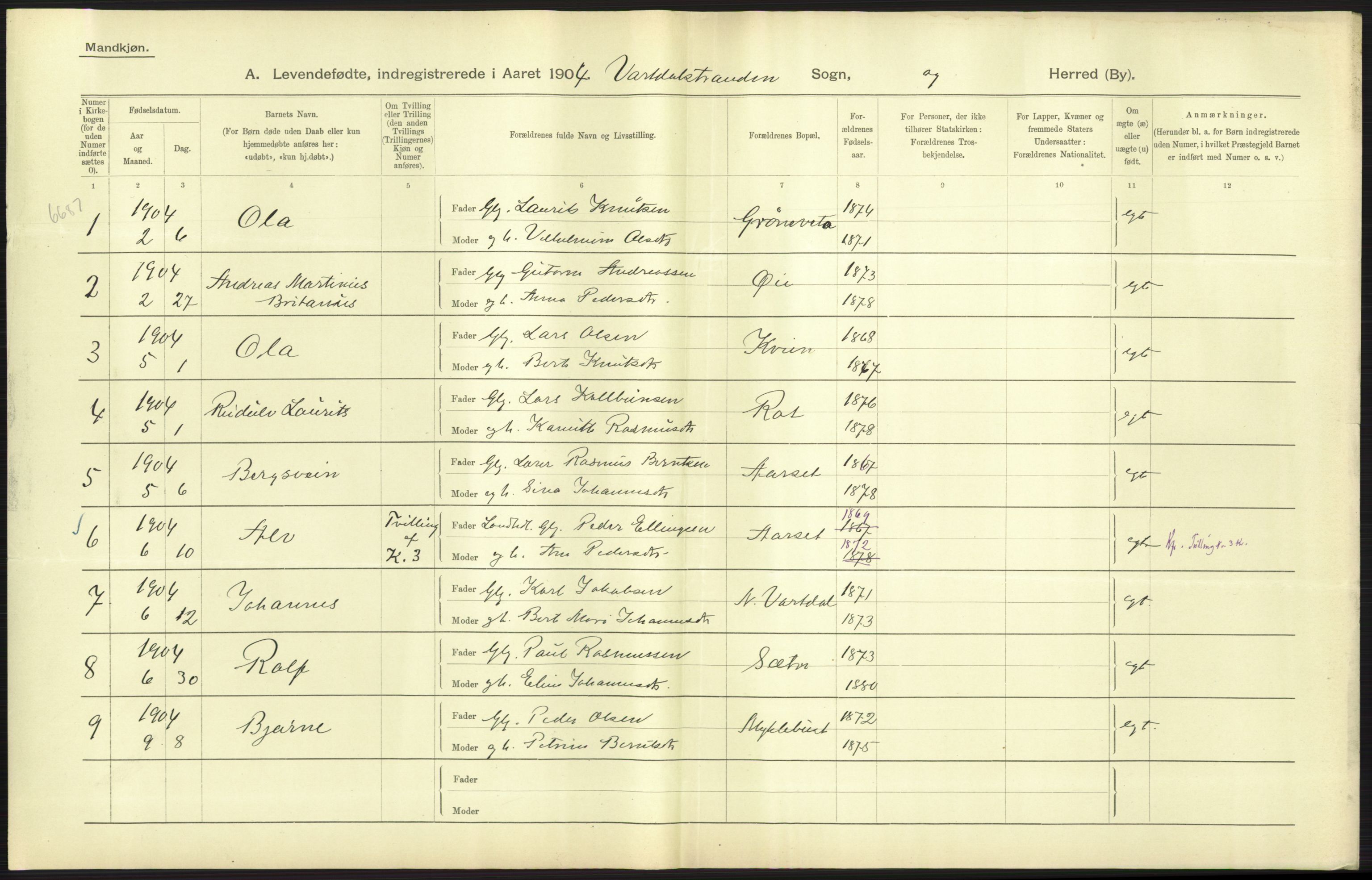 Statistisk sentralbyrå, Sosiodemografiske emner, Befolkning, AV/RA-S-2228/D/Df/Dfa/Dfab/L0016: Romsdals amt: Fødte, gifte, døde., 1904, s. 59