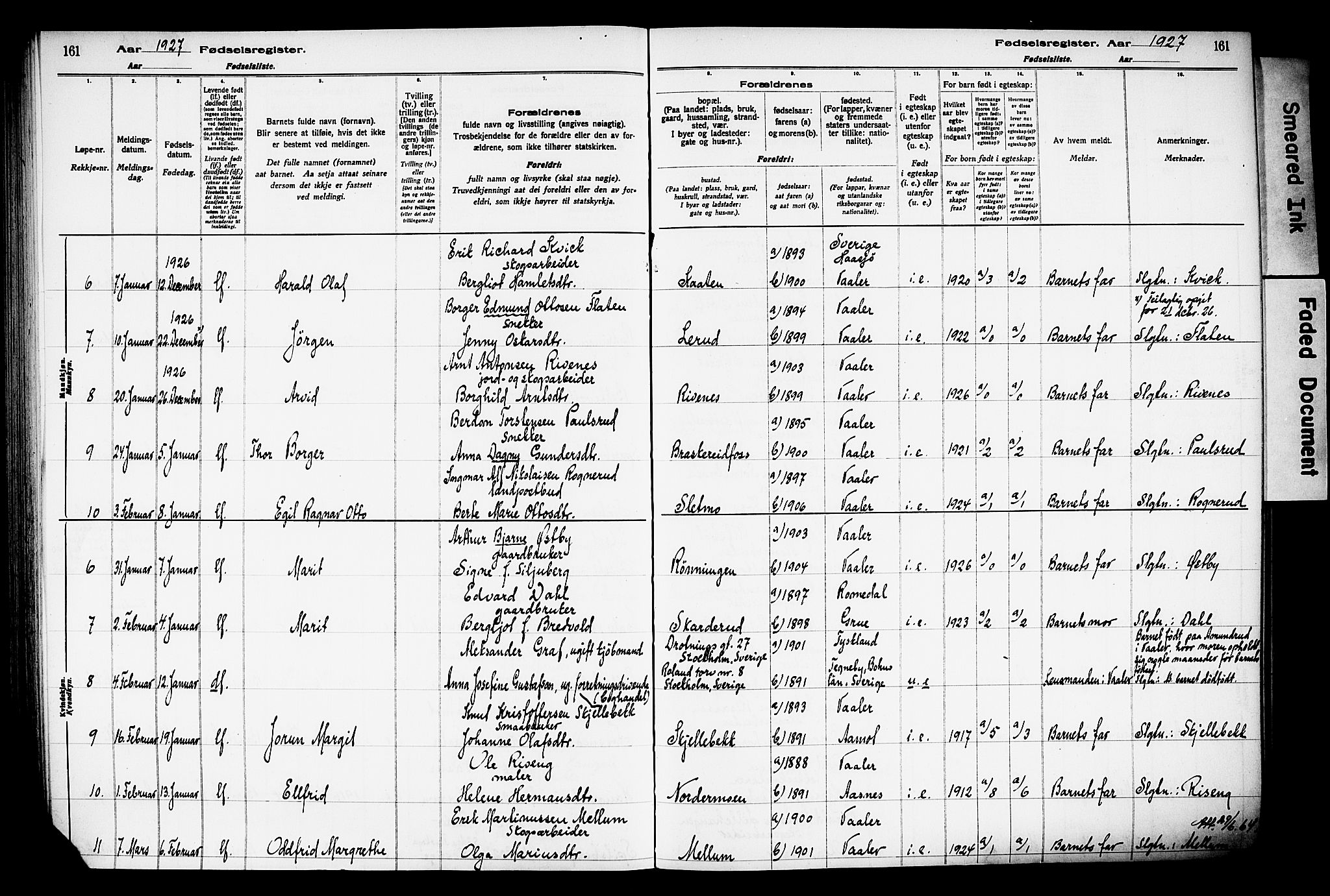 Våler prestekontor, Hedmark, AV/SAH-PREST-040/I/Id/L0001: Fødselsregister nr. 1, 1916-1930, s. 161