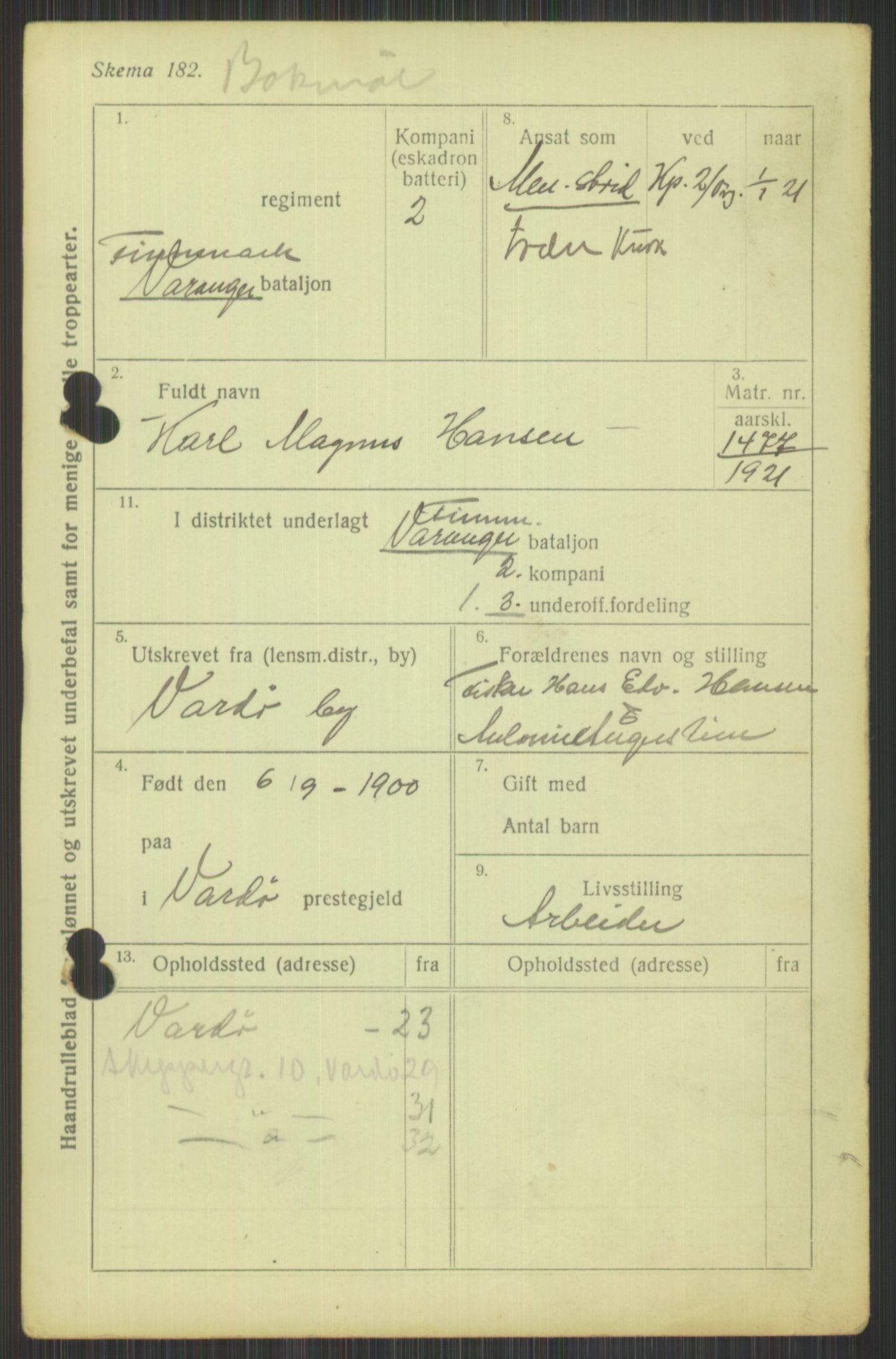 Forsvaret, Varanger bataljon, AV/RA-RAFA-2258/1/D/L0440: Rulleblad for fødte 1892-1912, 1892-1912, s. 501