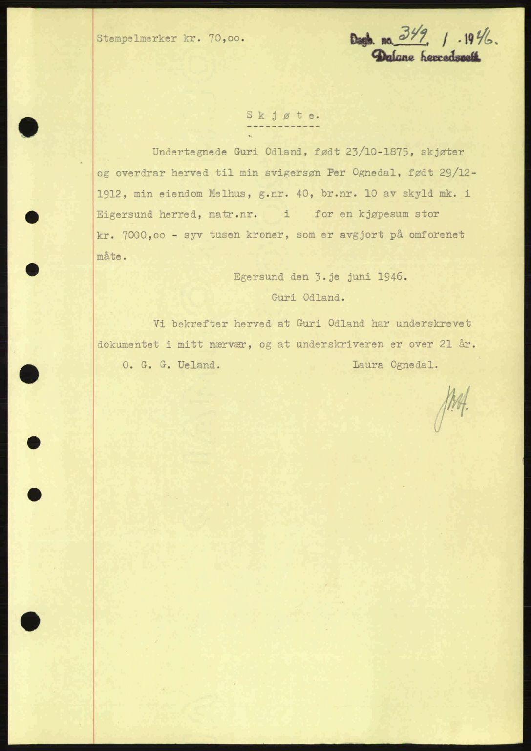 Dalane sorenskriveri, SAST/A-100309/02/G/Gb/L0049: Pantebok nr. A9, 1946-1947, Dagboknr: 349/1946