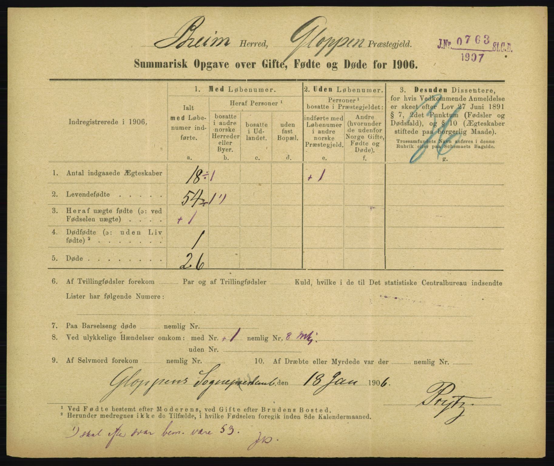 Statistisk sentralbyrå, Sosiodemografiske emner, Befolkning, RA/S-2228/D/Df/Dfa/Dfad/L0050: Summariske oppgaver over gifte, fødte, døde. Bygder., 1906, s. 757