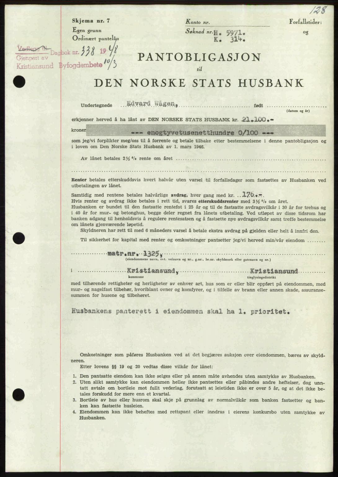 Kristiansund byfogd, AV/SAT-A-4587/A/27: Pantebok nr. 44, 1947-1948, Dagboknr: 338/1948