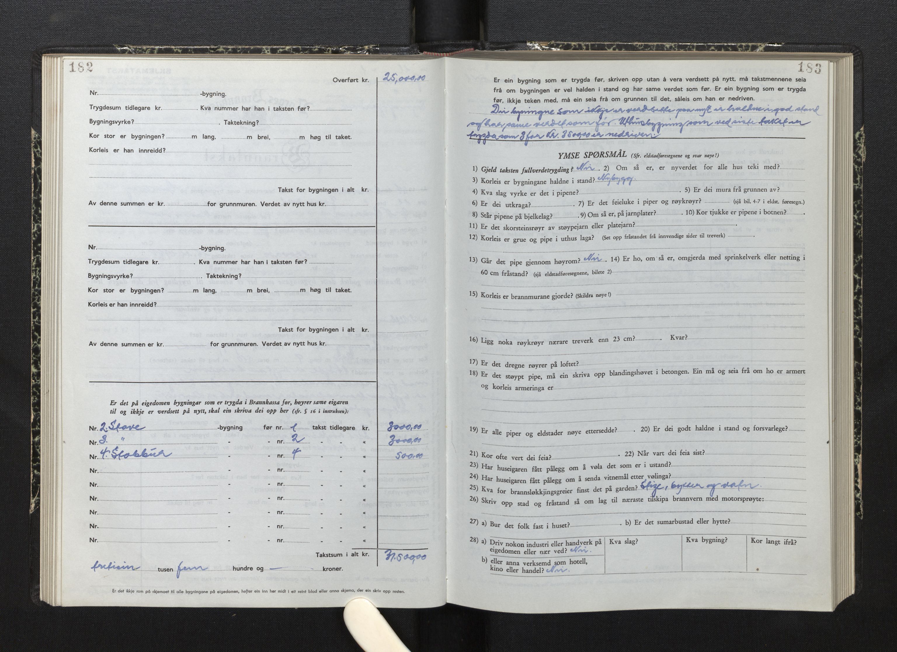 Lensmannen i Jostedal, SAB/A-28601/0012/L0007: Branntakstprotokoll, skjematakst, 1949-1955, s. 182-183