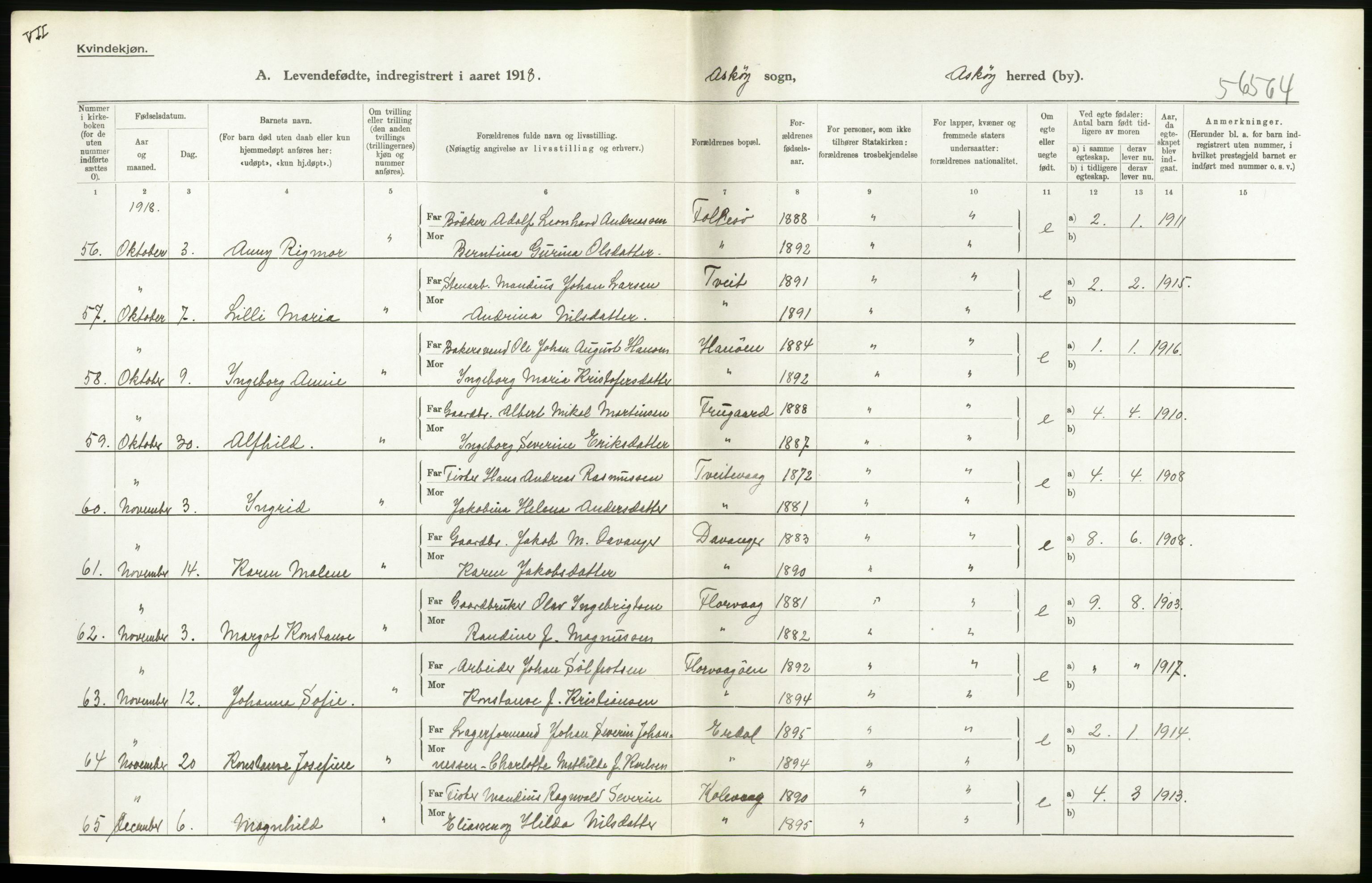 Statistisk sentralbyrå, Sosiodemografiske emner, Befolkning, AV/RA-S-2228/D/Df/Dfb/Dfbh/L0034: Hordaland fylke: Levendefødte menn og kvinner. Bygder., 1918, s. 74